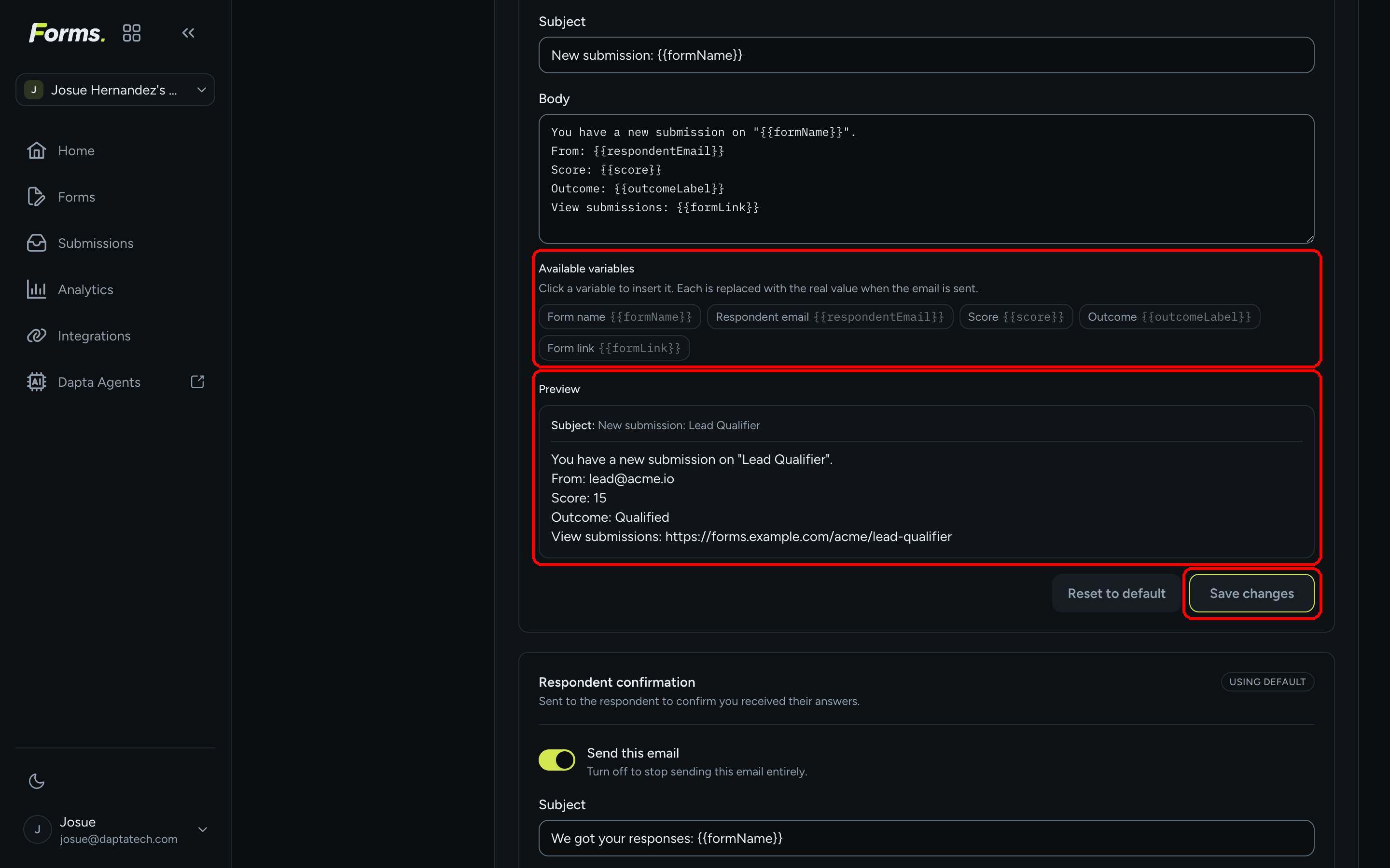 The Available variables chips and the Preview box of the New submission notice, with the Save changes button