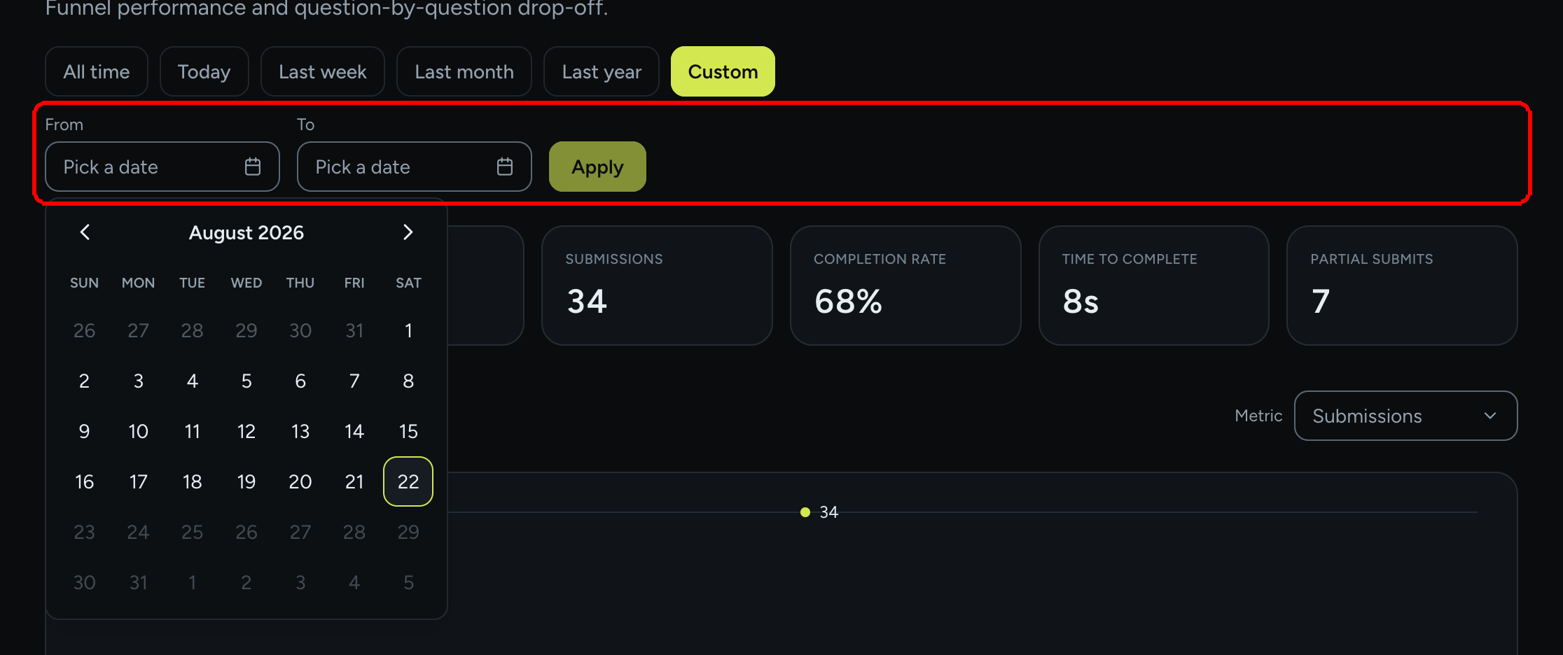 The Custom range fields with a From and To date picker open on a calendar and the Apply button beside them