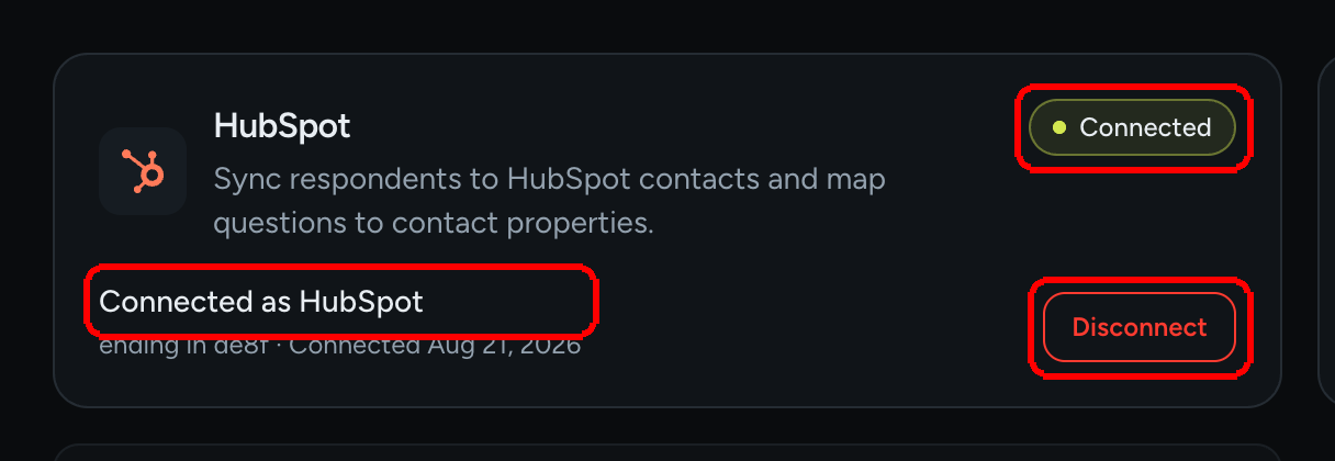 The HubSpot card on the Connections page showing the Connected badge, Connected as HubSpot, ending in the last four characters, and the Disconnect button