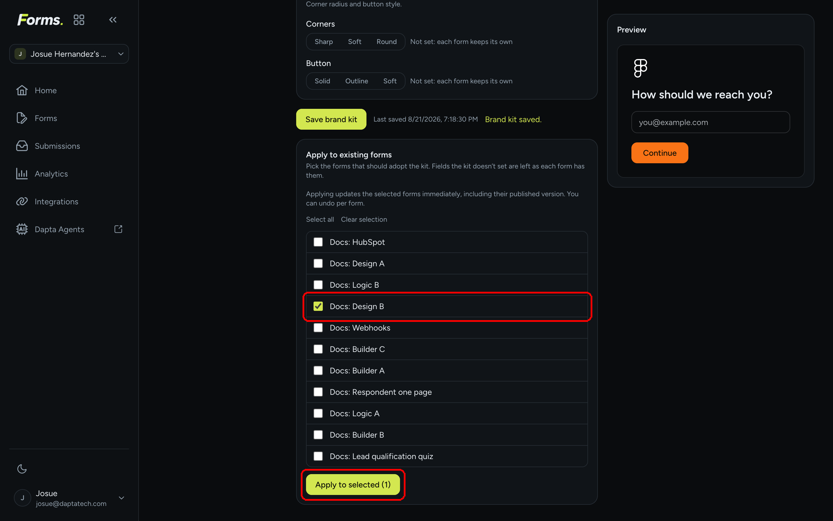The Apply to existing forms section with one form, Product fit quiz, ticked and the Apply to selected (1) button highlighted