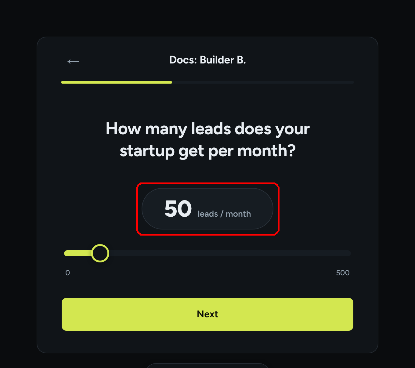 The live form showing a slider with the value 50 and the unit label leads / month in the pill above the track