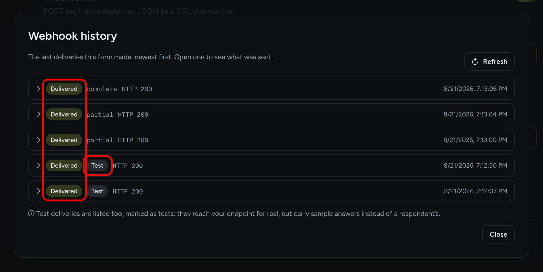 The Webhook history dialog listing Delivered rows, some with a Test badge