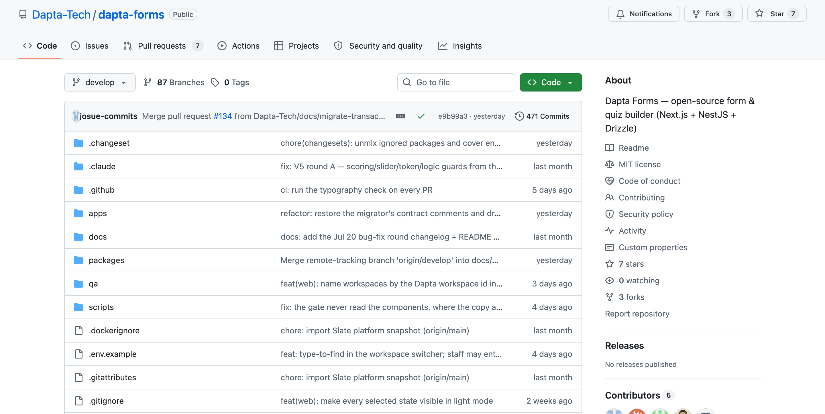 The Dapta Forms repository on GitHub showing the Public badge and the MIT license entry in the About panel