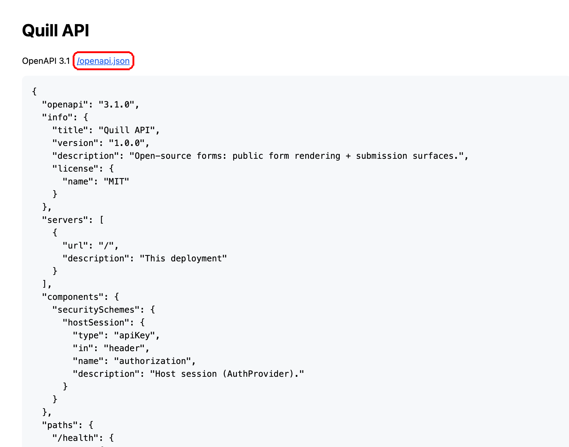The /docs page showing the OpenAPI 3.1 document with a link to /openapi.json