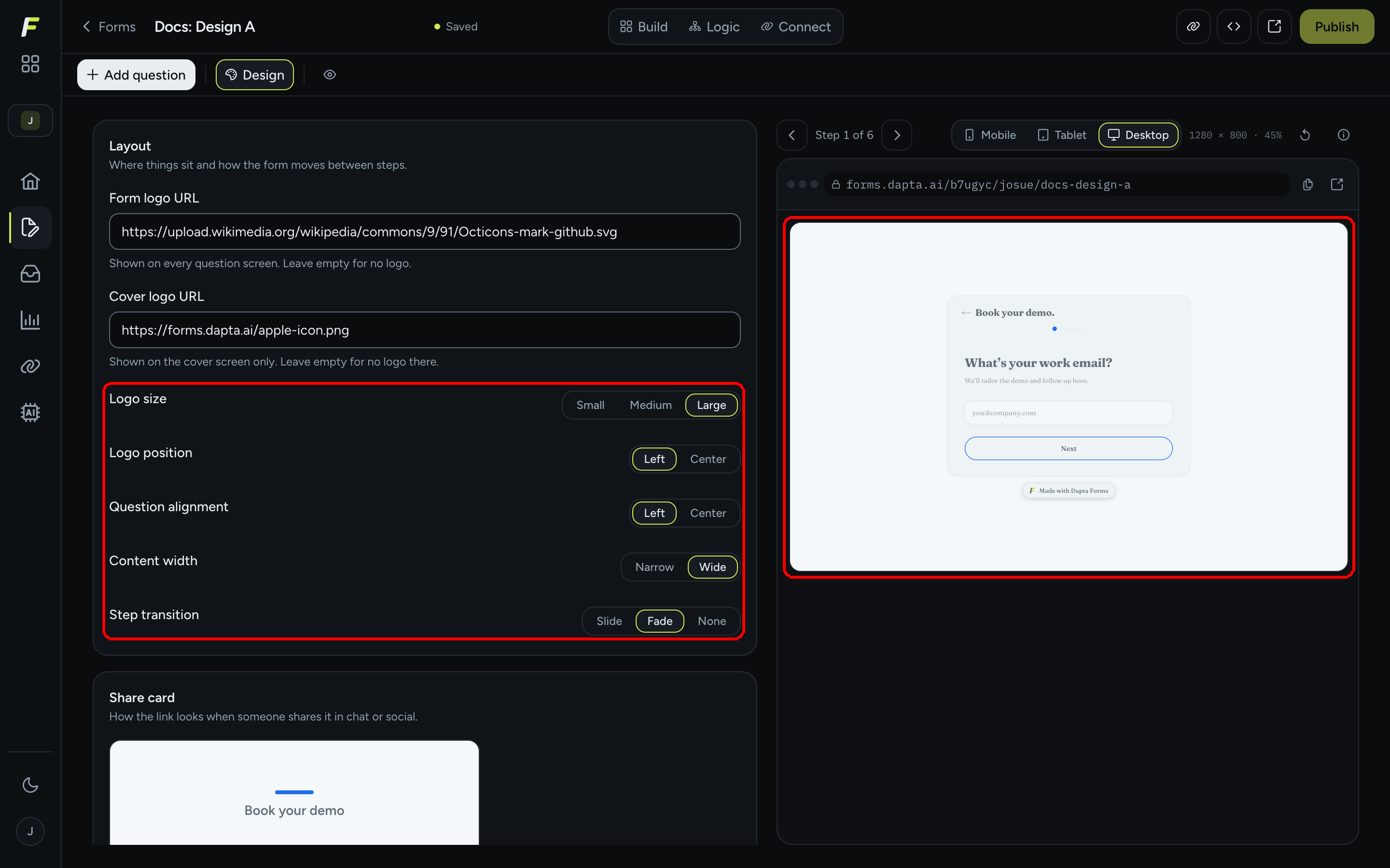 The Layout card toggles: Logo size Large, Logo position Left, Question alignment Left, Content width Wide, Step transition Fade