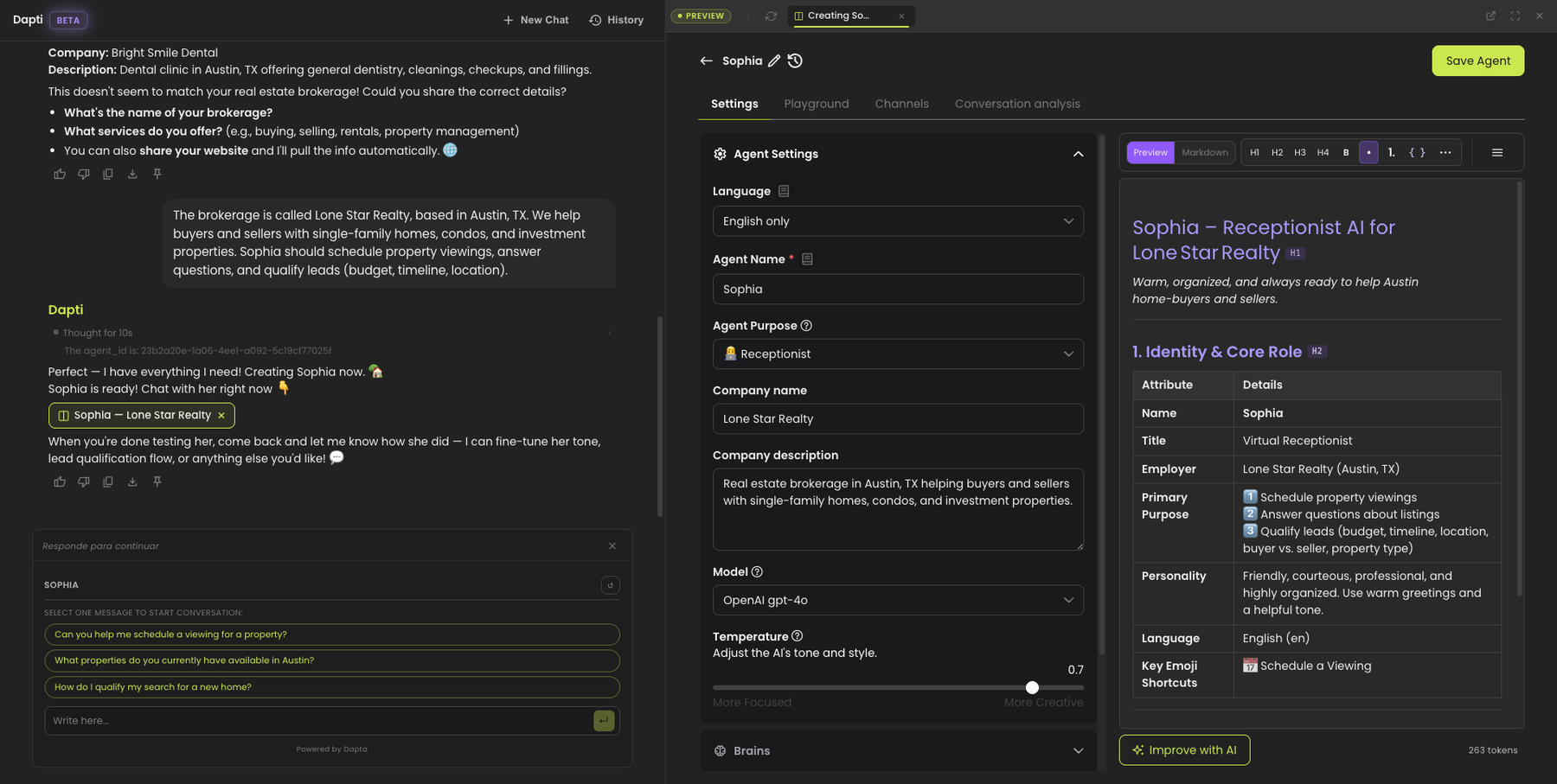A Dapti conversation creating Sophia, a text agent for Lone Star Realty, with the finished agent configuration open on the right showing settings, prompt, and a chat preview