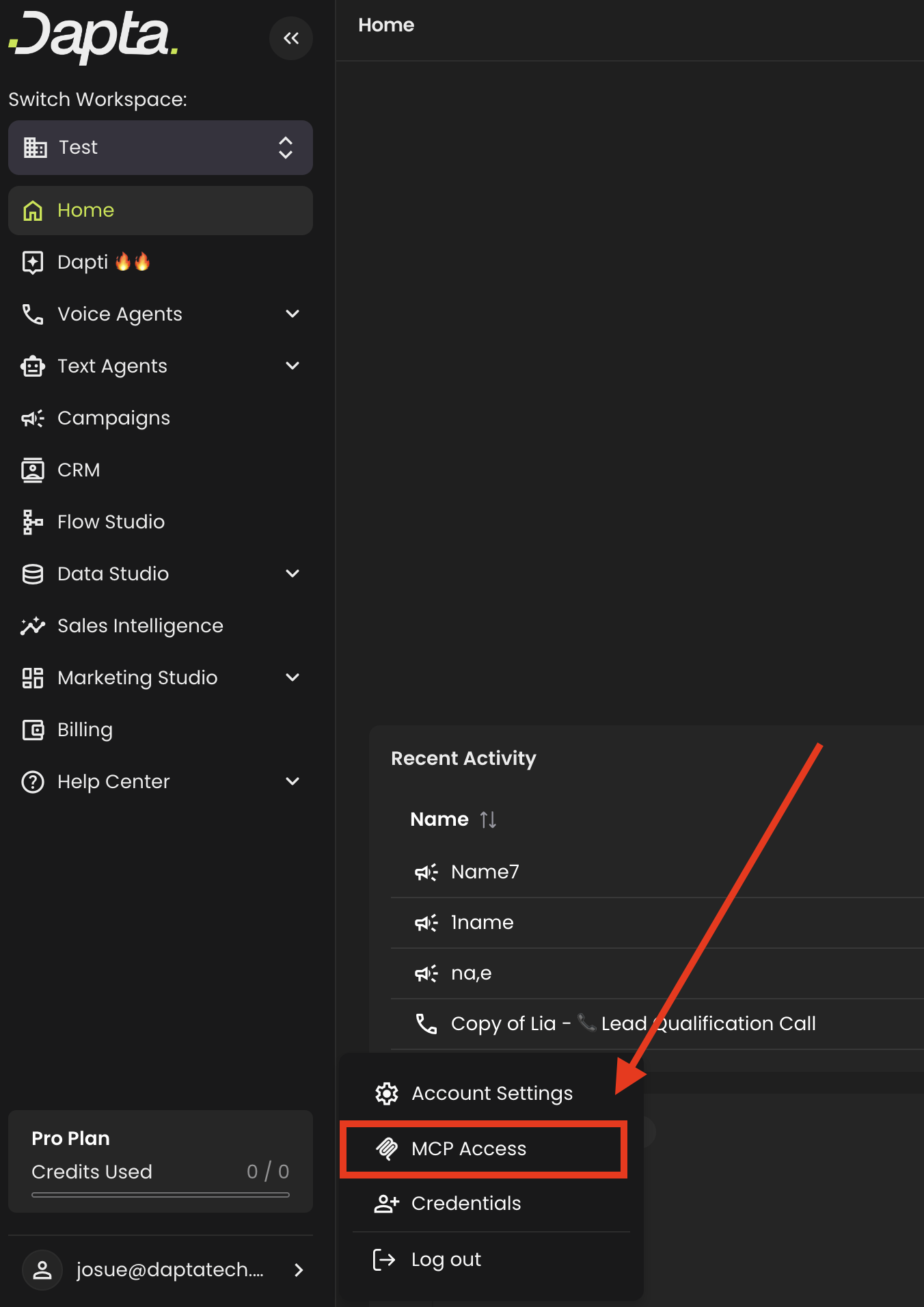 The Dapta account menu open, with MCP Access highlighted
