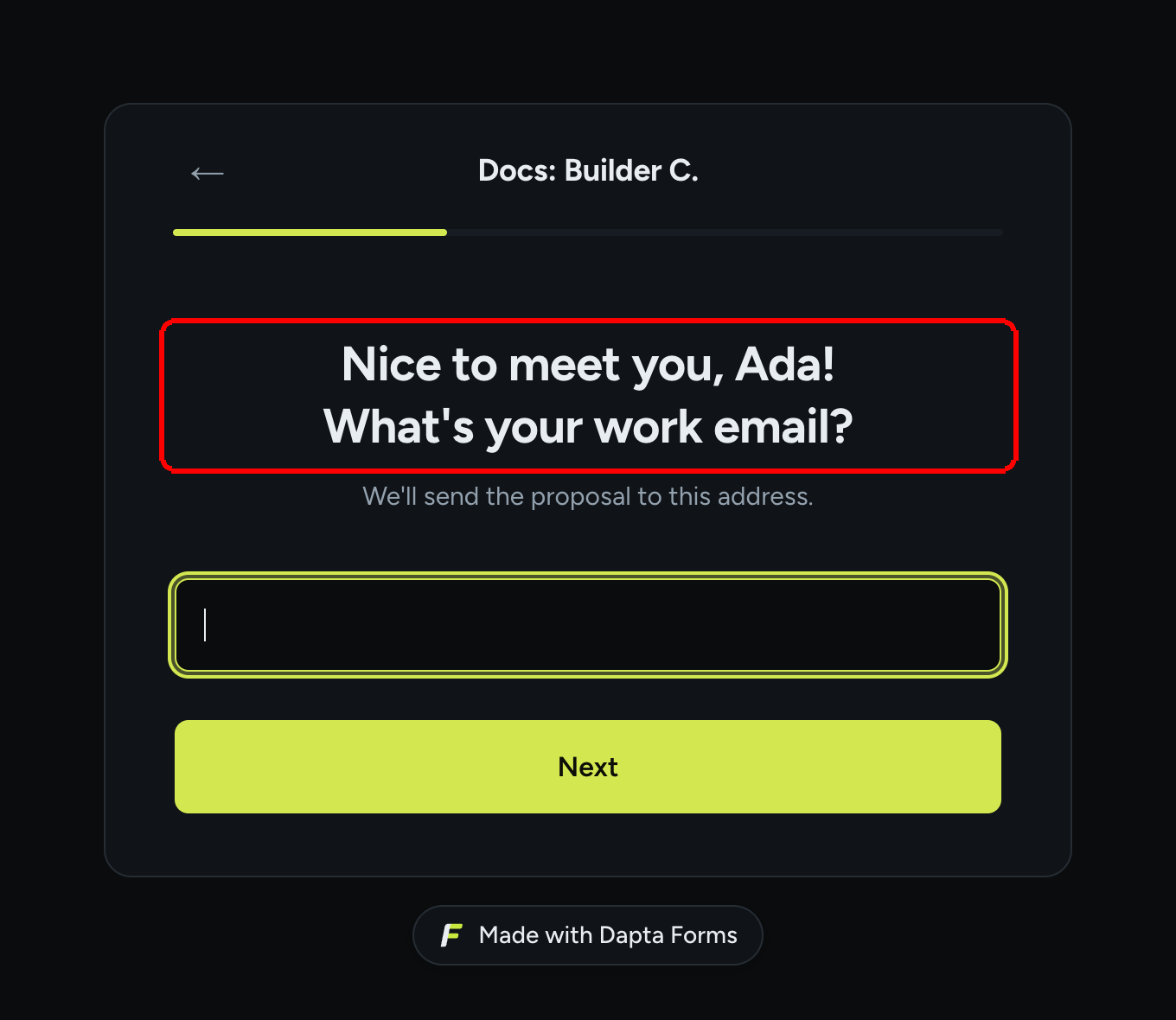 The published form showing the question Nice to meet you, Ada! What's your work email?