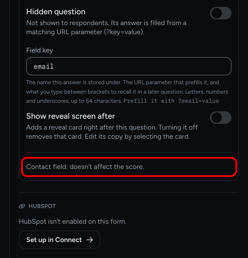 The Advanced settings of an Email question ending with the note Contact field: doesn't affect the score.