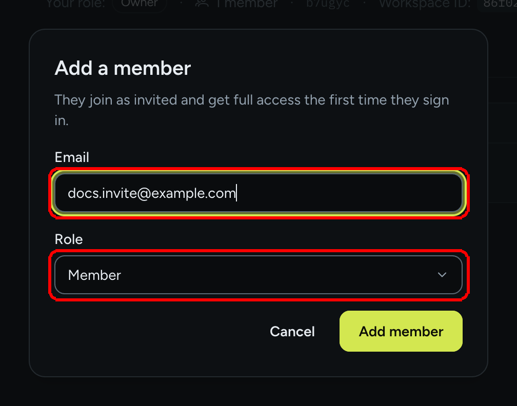 The Add a member dialog with an email typed in the Email field and the Role select showing Member