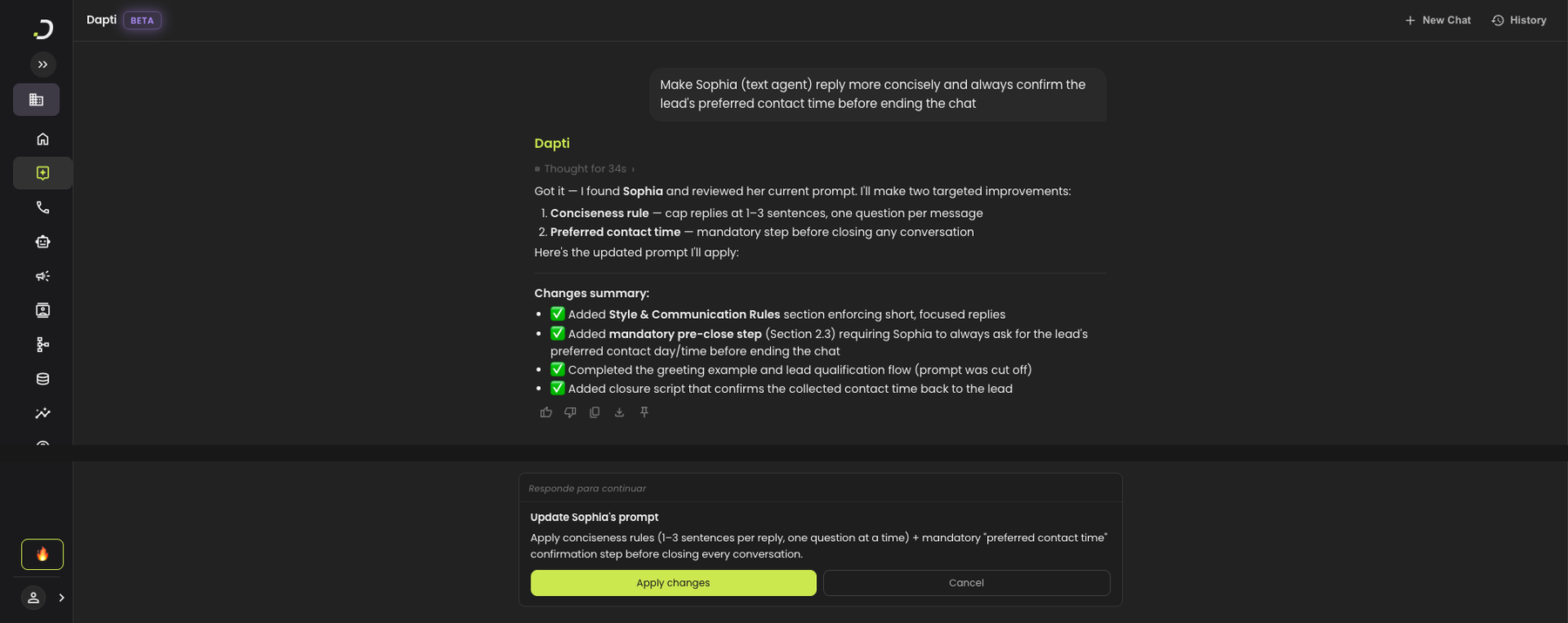 Dapti showing two targeted improvements for Sophia: a conciseness rule capping replies at 1 to 3 sentences and a mandatory preferred-contact-time confirmation before closing, with an Apply changes button