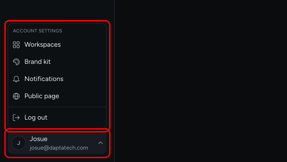 The profile menu open above the profile button, listing Workspaces, Brand kit, Notifications, Public page and Log out
