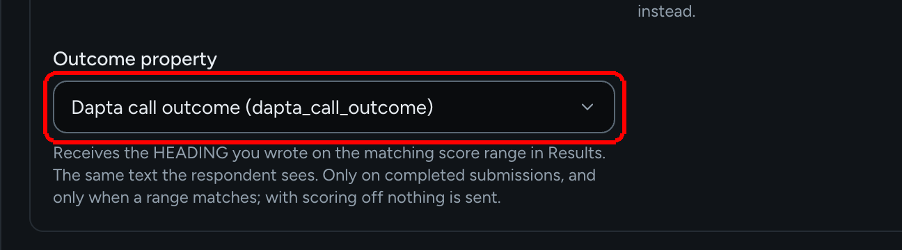 The Outcome property picker with the helper text explaining that it receives the heading of the matching score range
