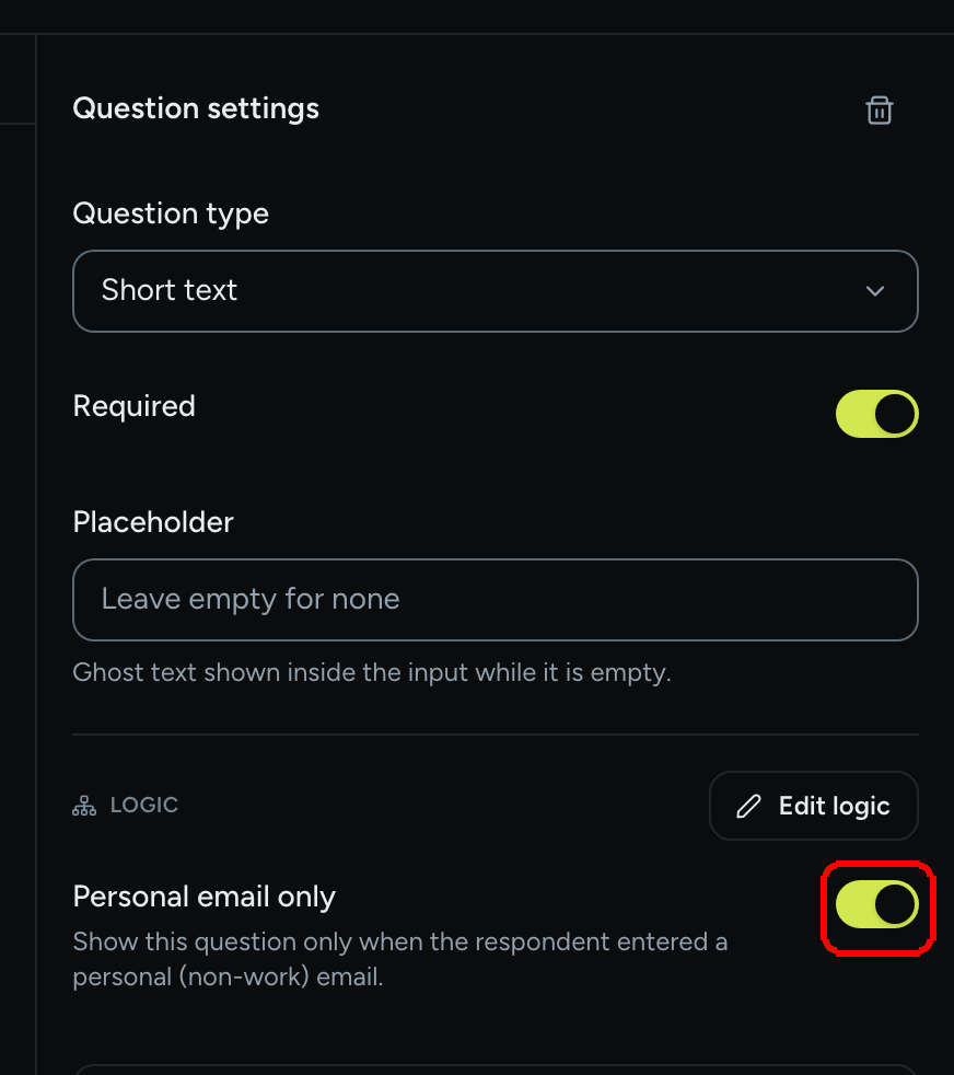 The Question settings panel of a Short text question with the Personal email only switch turned on under the Logic card