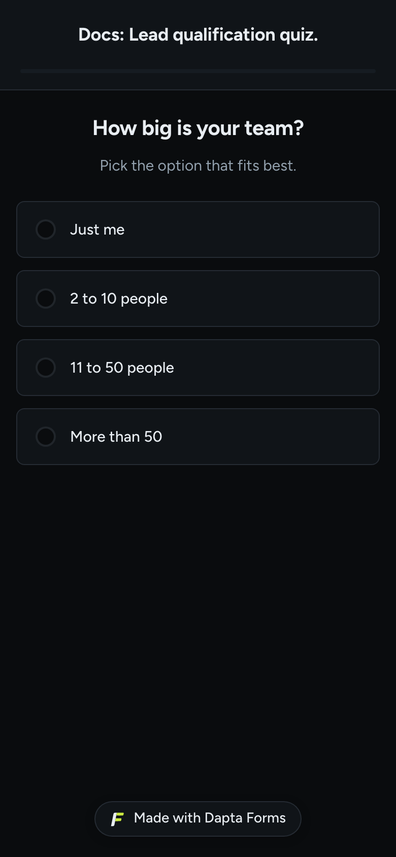 The Slides form on a phone screen: title, progress bar and four stacked options