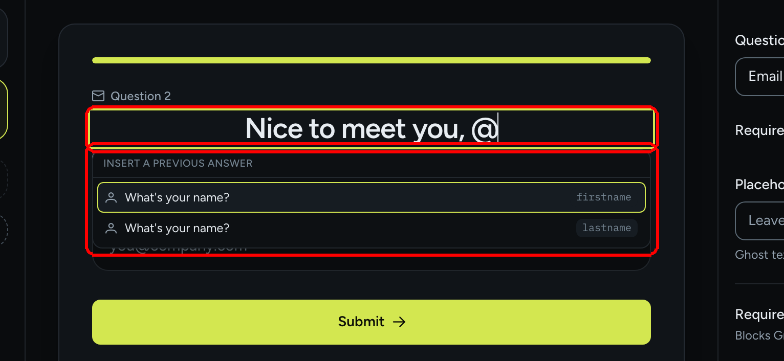 The question title on the canvas with the Insert a previous answer picker open, listing firstname and lastname from the earlier Name question