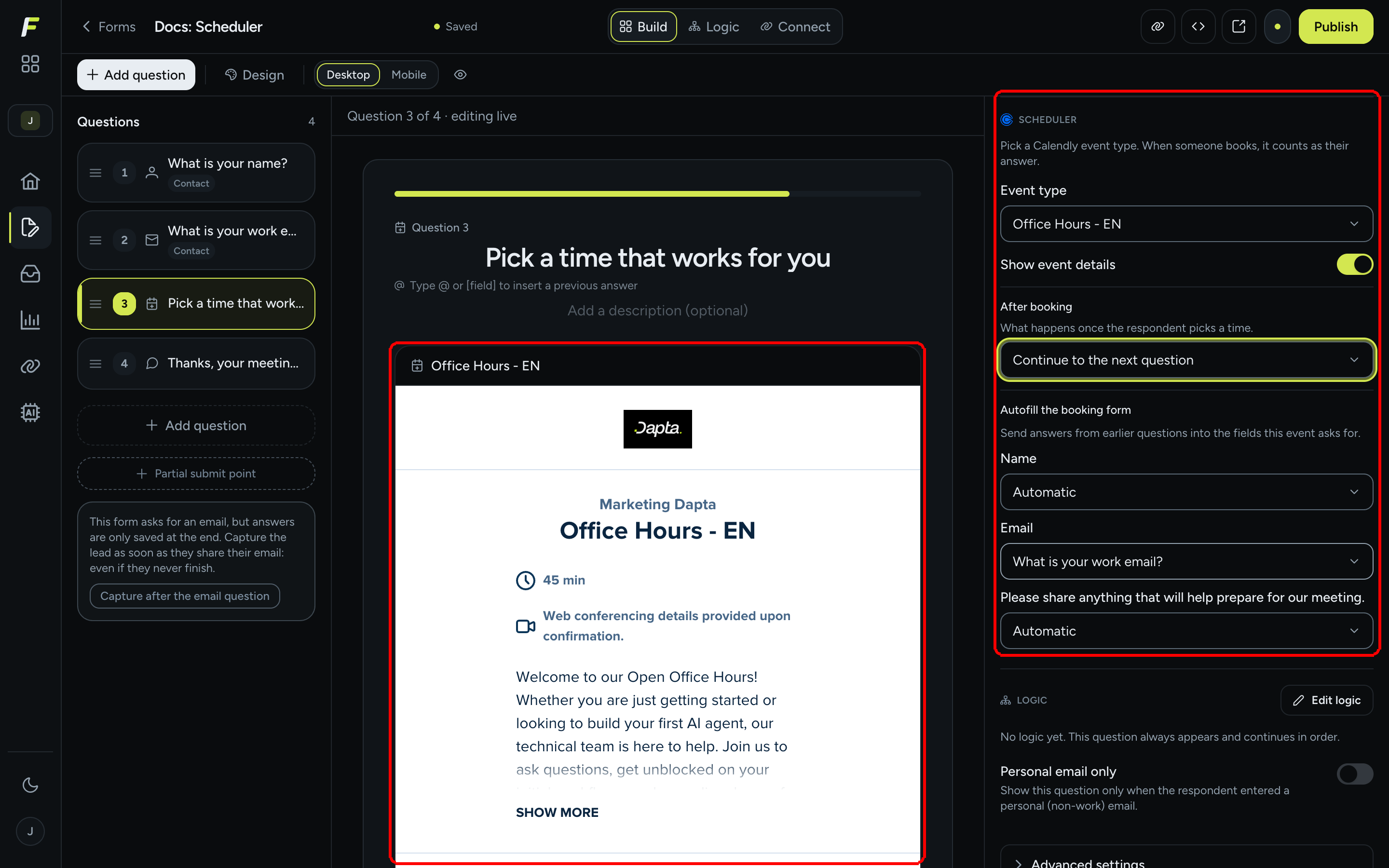 The form editor with the live Calendly embed on the canvas and the Scheduler settings on the right