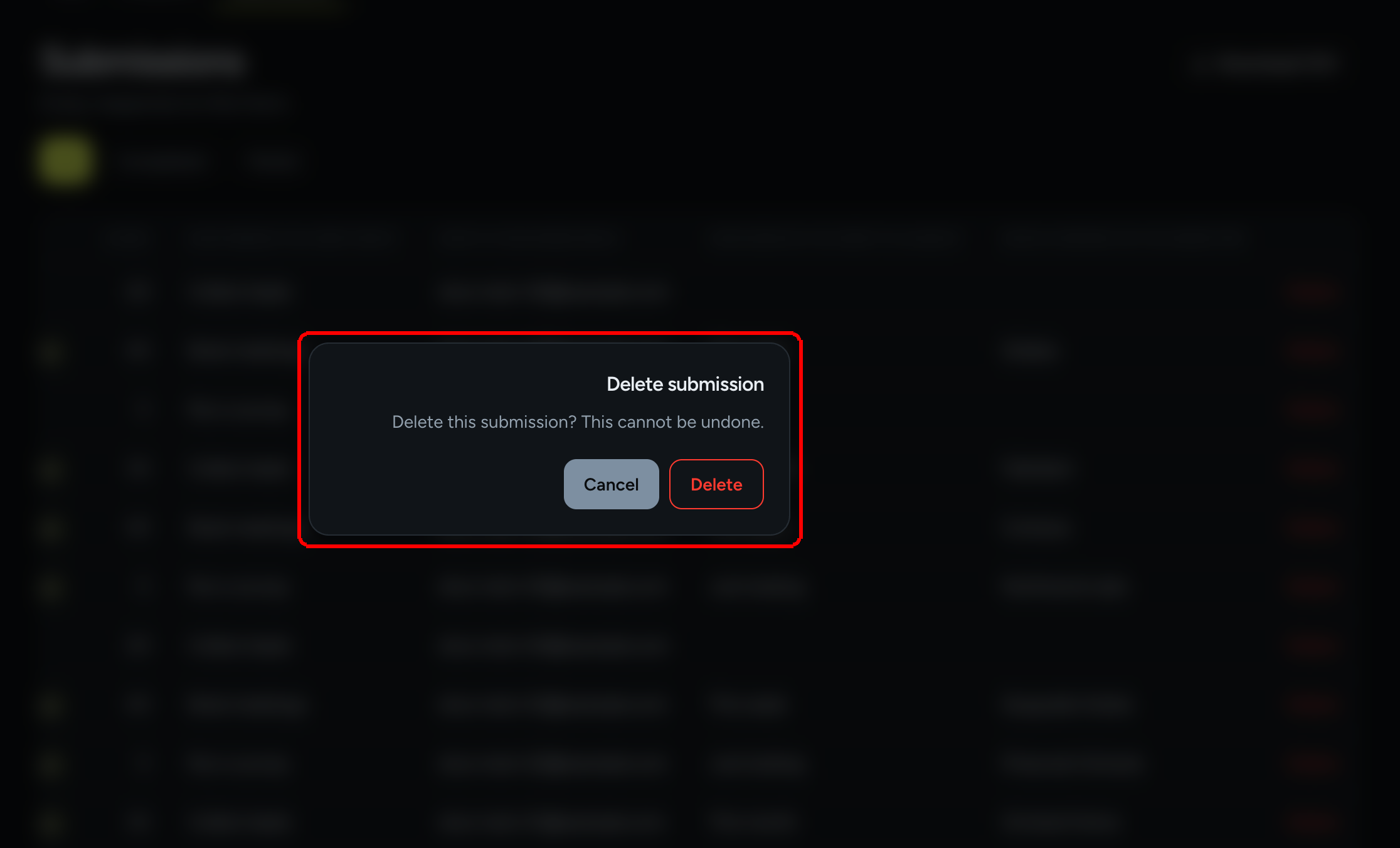 The Delete submission dialog asking Delete this submission? This cannot be undone, with Cancel and Delete buttons