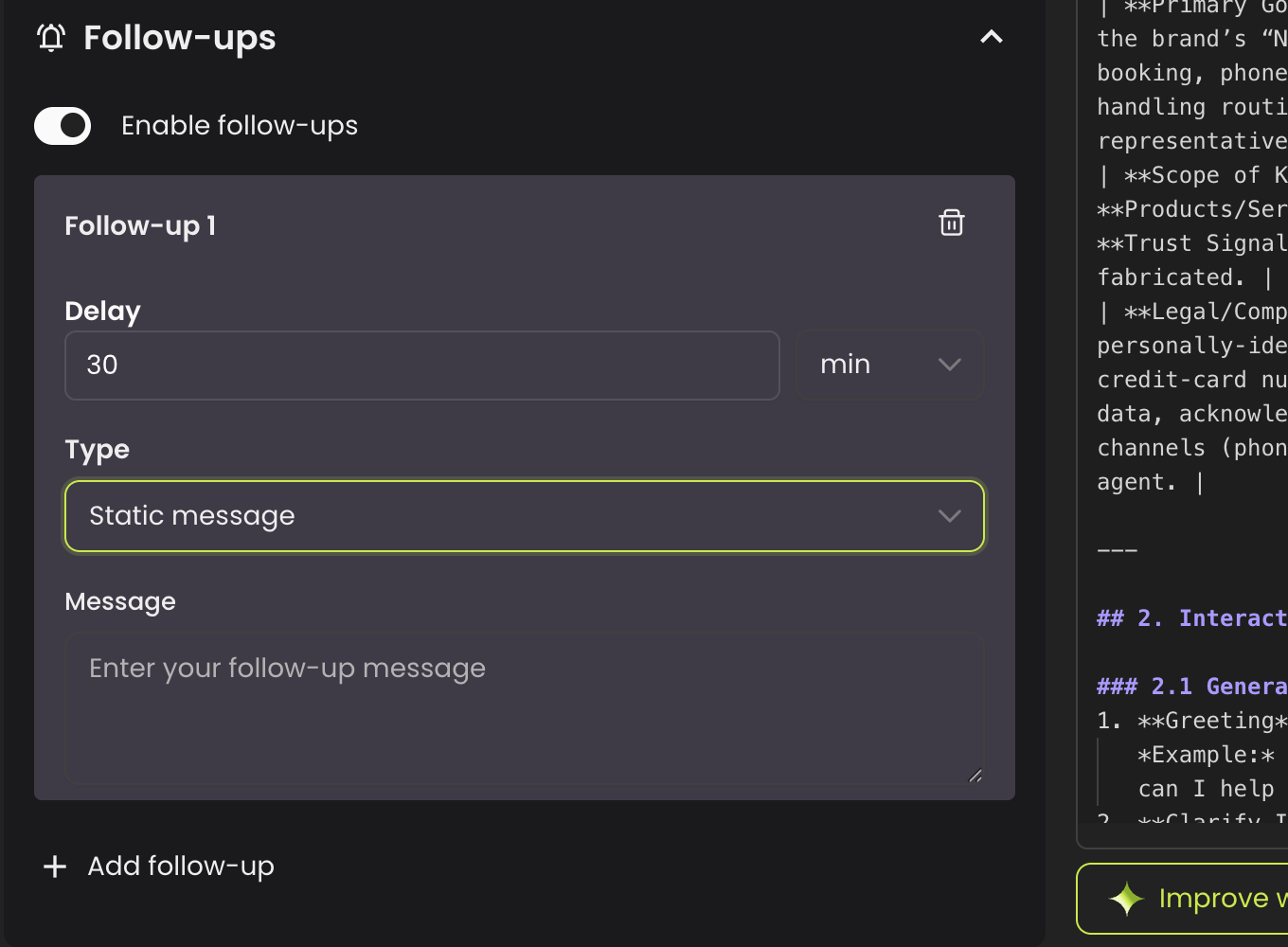 Follow-ups section showing Enable toggle, Follow-up 1 card with Delay and Type fields, and Add follow-up button