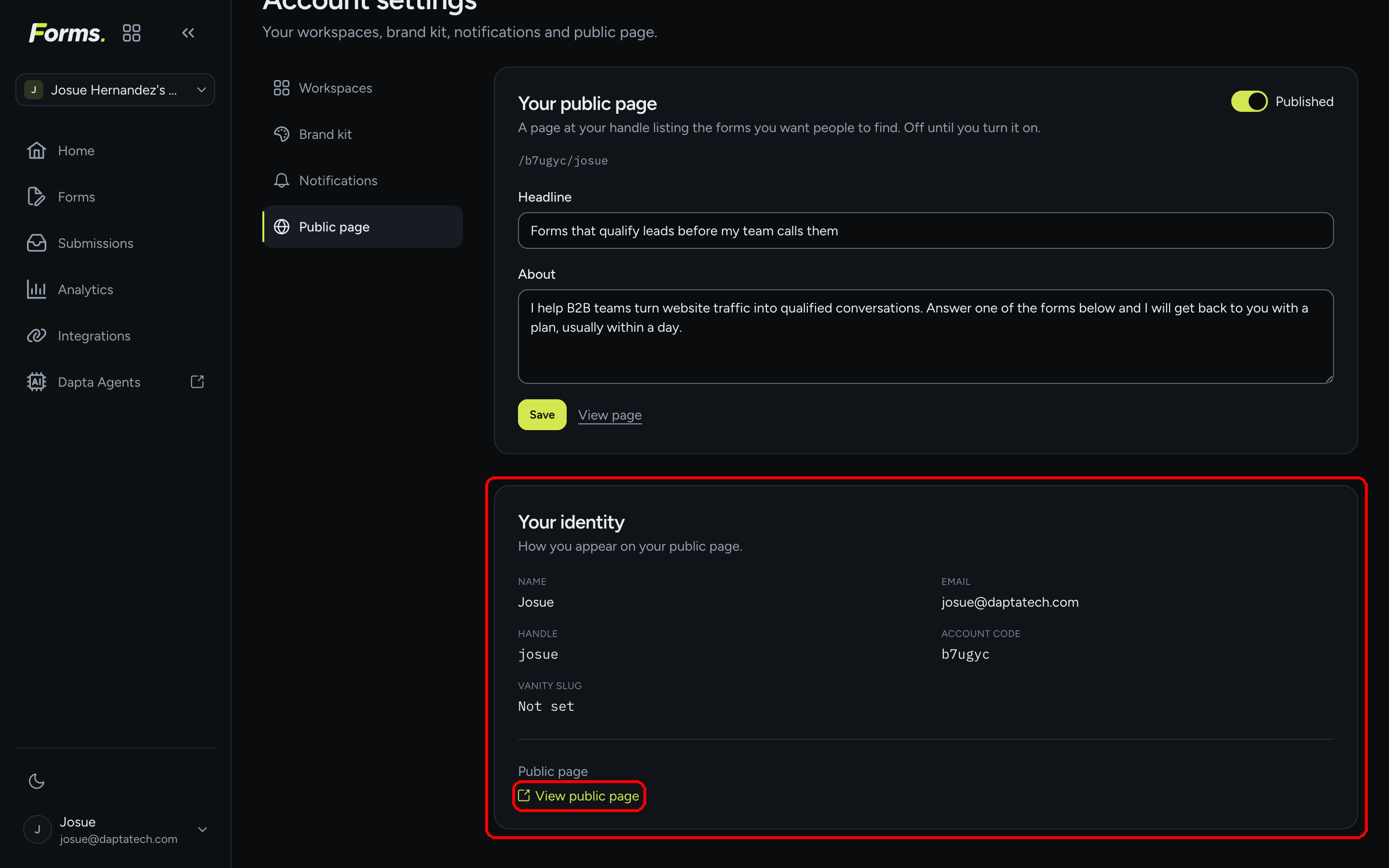 The Your identity block listing Name, Email, Handle, Account code and Vanity slug, with the View public page link