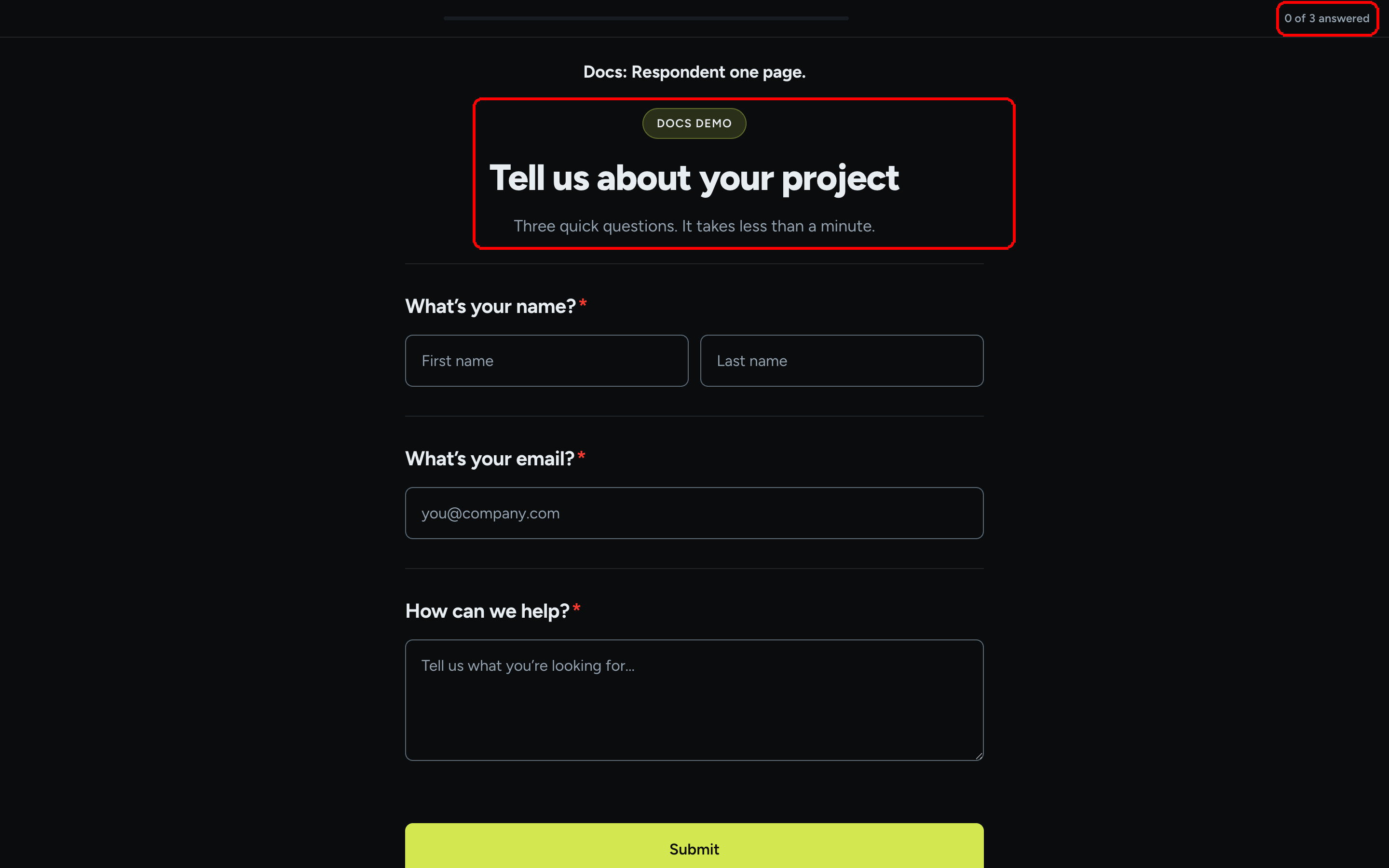 A one-page form with the cover rendered as a header (eyebrow, headline, subheadline) and the counter 0 of 3 answered in the top-right corner