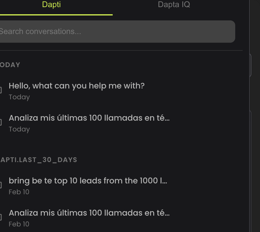 Chat history panel showing conversations grouped by date