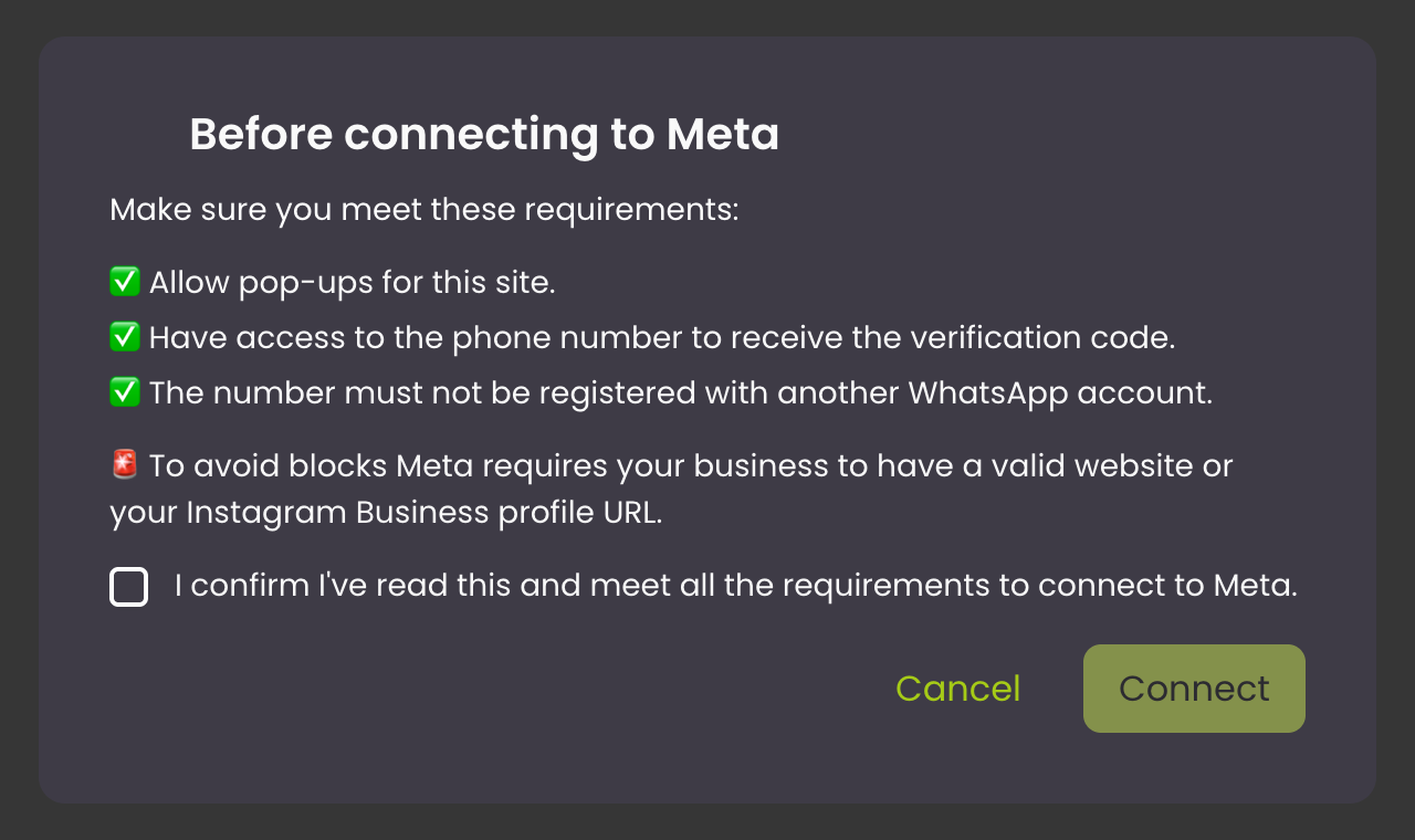 Meta requirements checklist before connecting WhatsApp