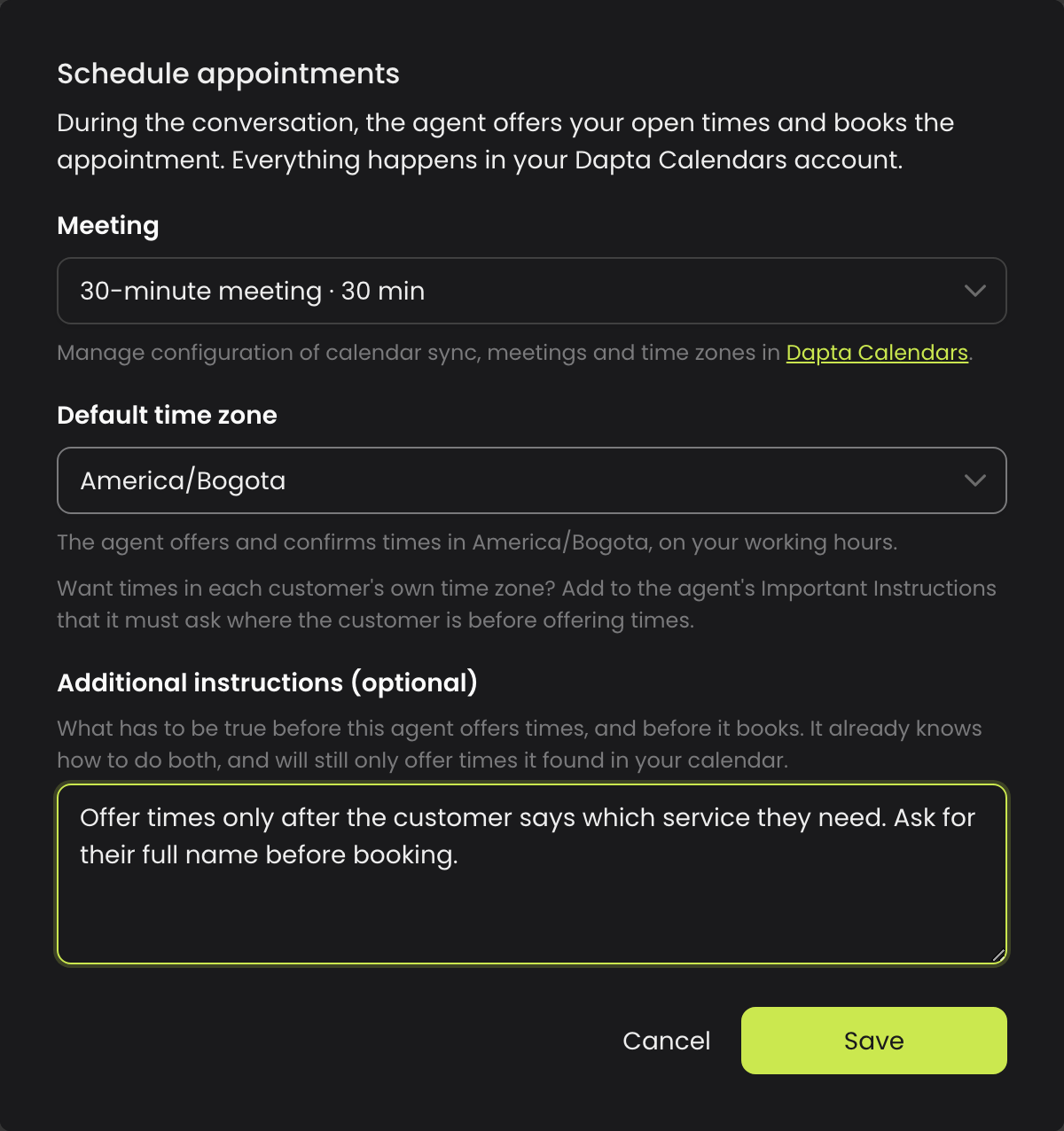 The Schedule appointments form with a meeting selected, the default time zone and additional instructions filled in
