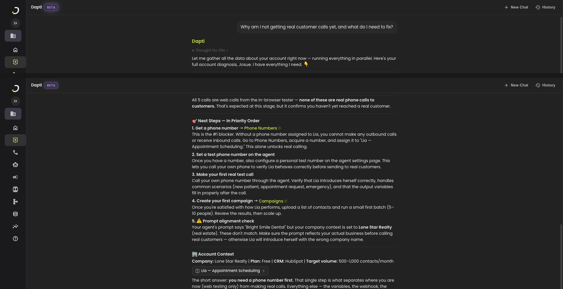 Dapti diagnosing why no real calls are happening, listing 5 prioritized next steps including assigning a phone number, setting up a test number, making a real test call, creating a sequence, and a prompt-alignment warning, plus an Account Context block and a one-sentence short answer summary