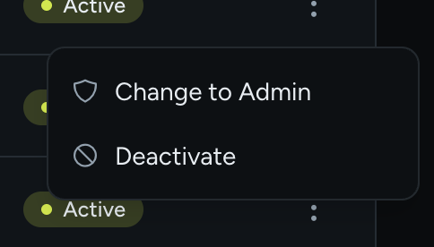 The Member actions menu open on a member row showing Change to Admin and Deactivate