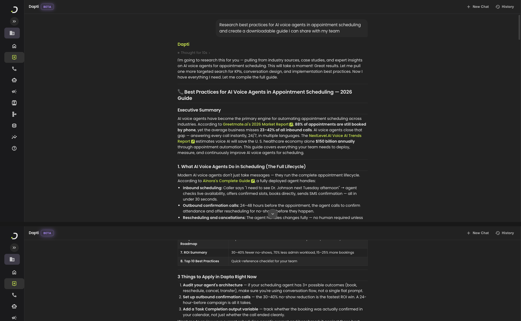 Dapti producing a downloadable best-practices guide for AI voice agents in appointment scheduling, with an executive summary covering industry adoption and benchmarks, an 8-section breakdown covering lifecycle, conversation design, integrations, KPIs, escalation, roadmap, ROI, and a top-10 checklist, plus 3 specific things to apply in Dapta right now