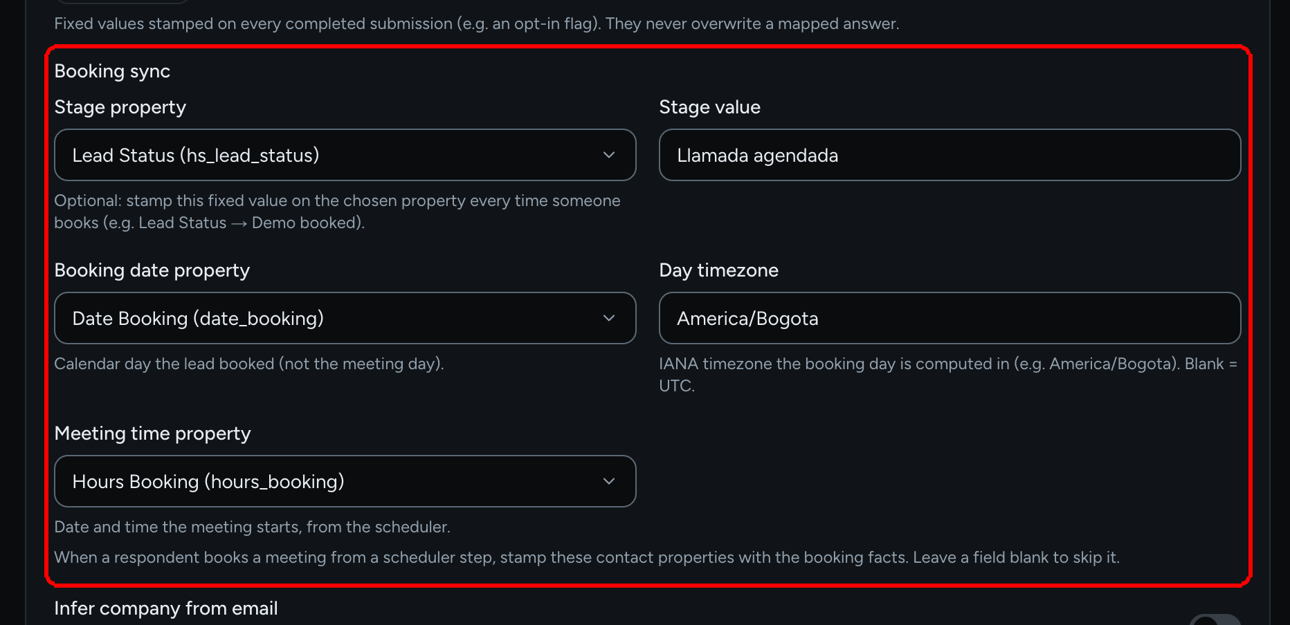 The Booking sync fields in the HubSpot card, with a stage property, a stage value, a booking date property, a day timezone and a meeting time property filled in