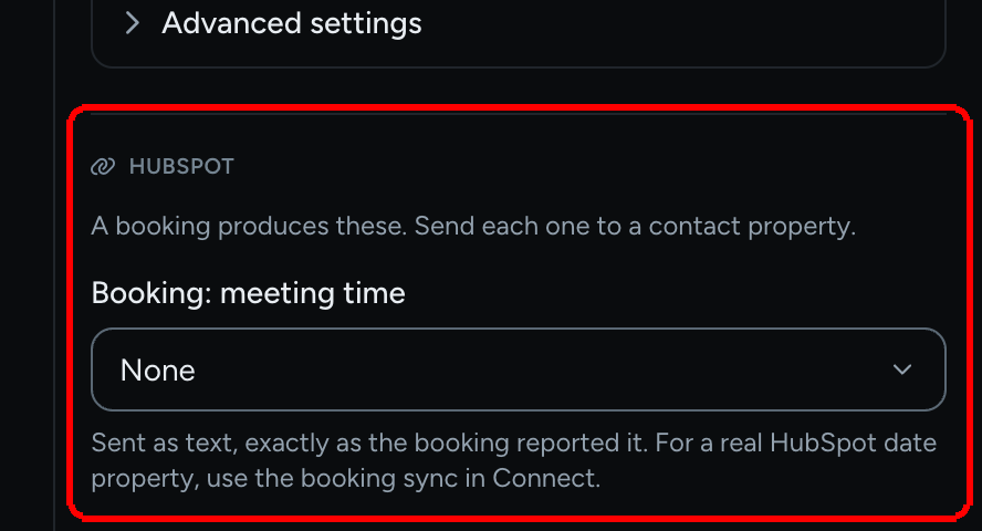 The HubSpot block on a scheduler question showing the Booking: meeting time row and its hint
