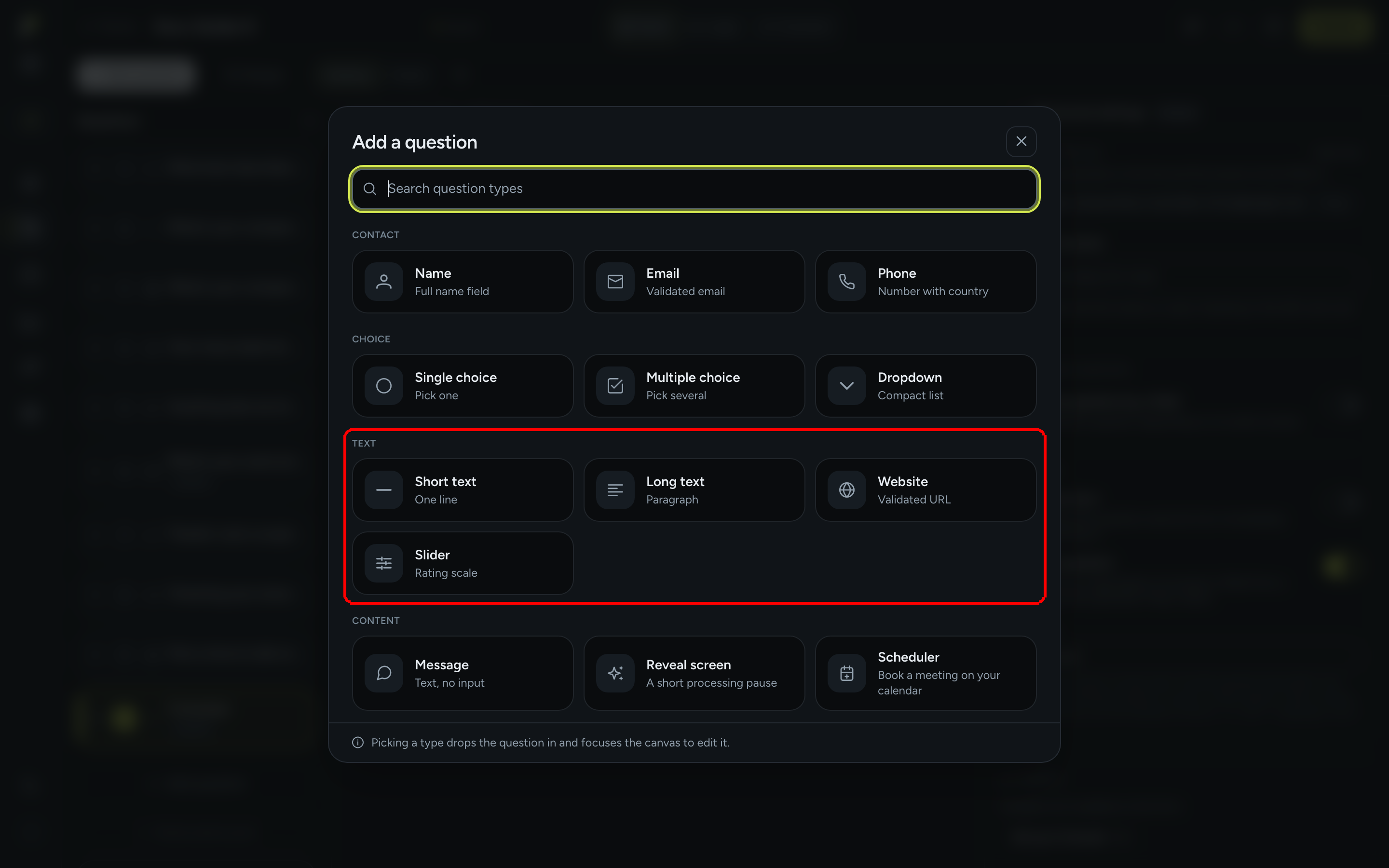 The Add a question dialog with the Text group highlighted: Short text, Long text, Website and Slider