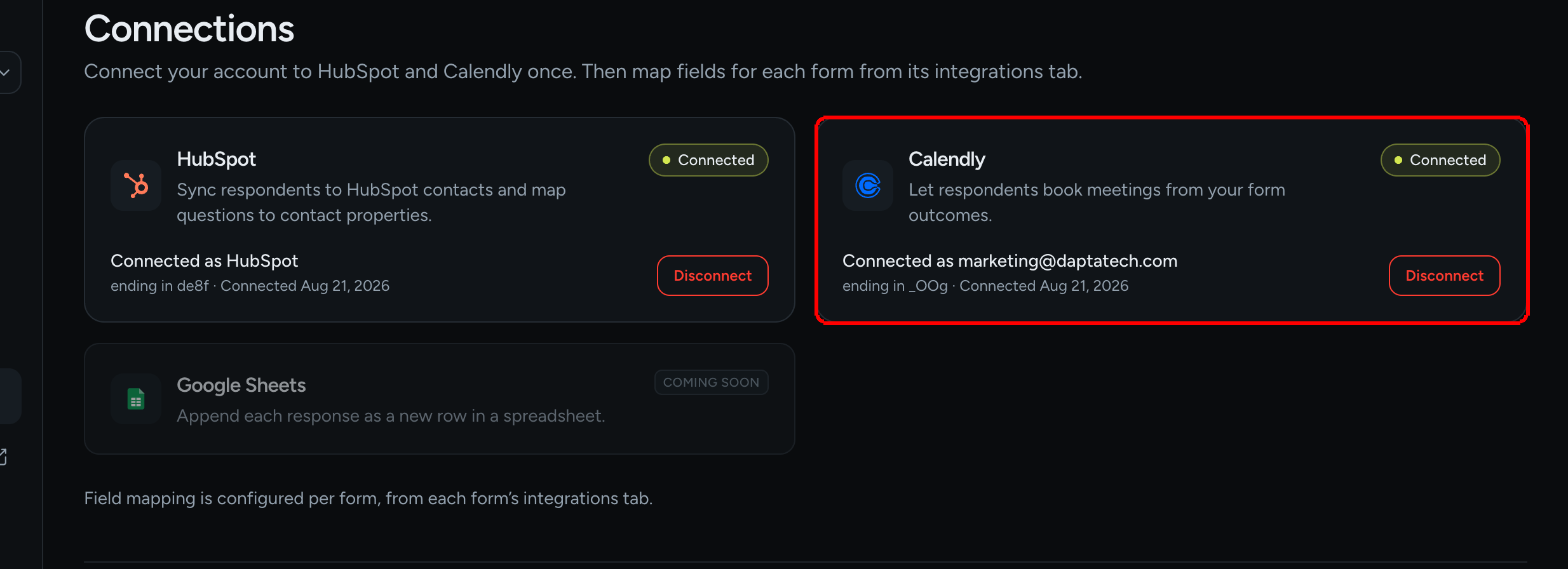 The Connections page with the Calendly card connected