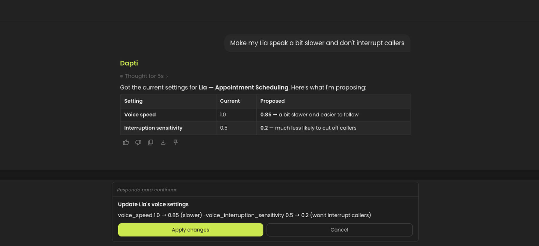 Dapti showing a before/after table for Lia's voice speed and interruption sensitivity, with an Apply changes button to update the settings