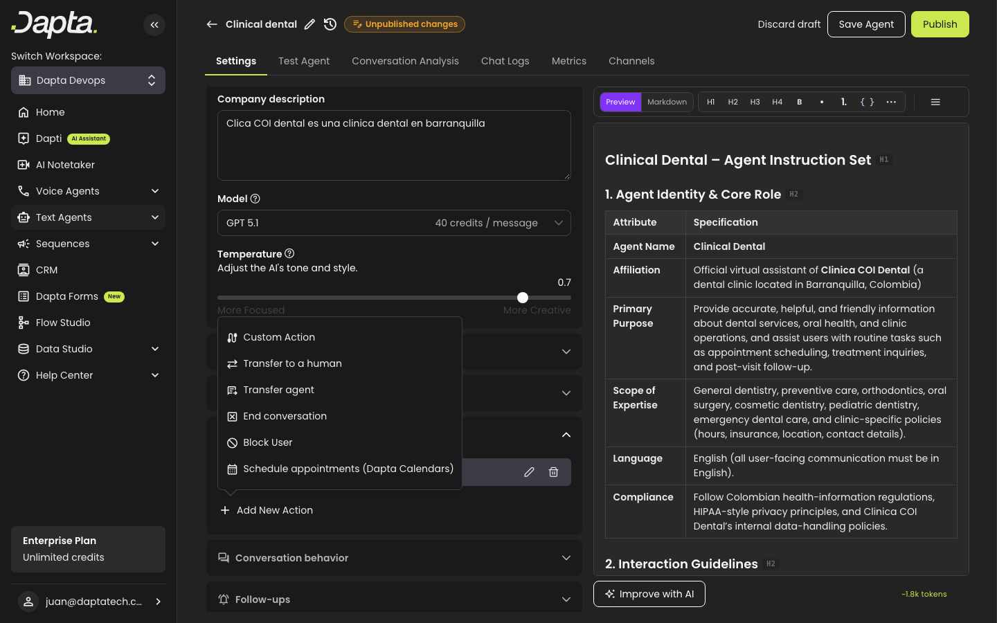 The Add New Action menu with Schedule appointments (Dapta Calendars) at the bottom