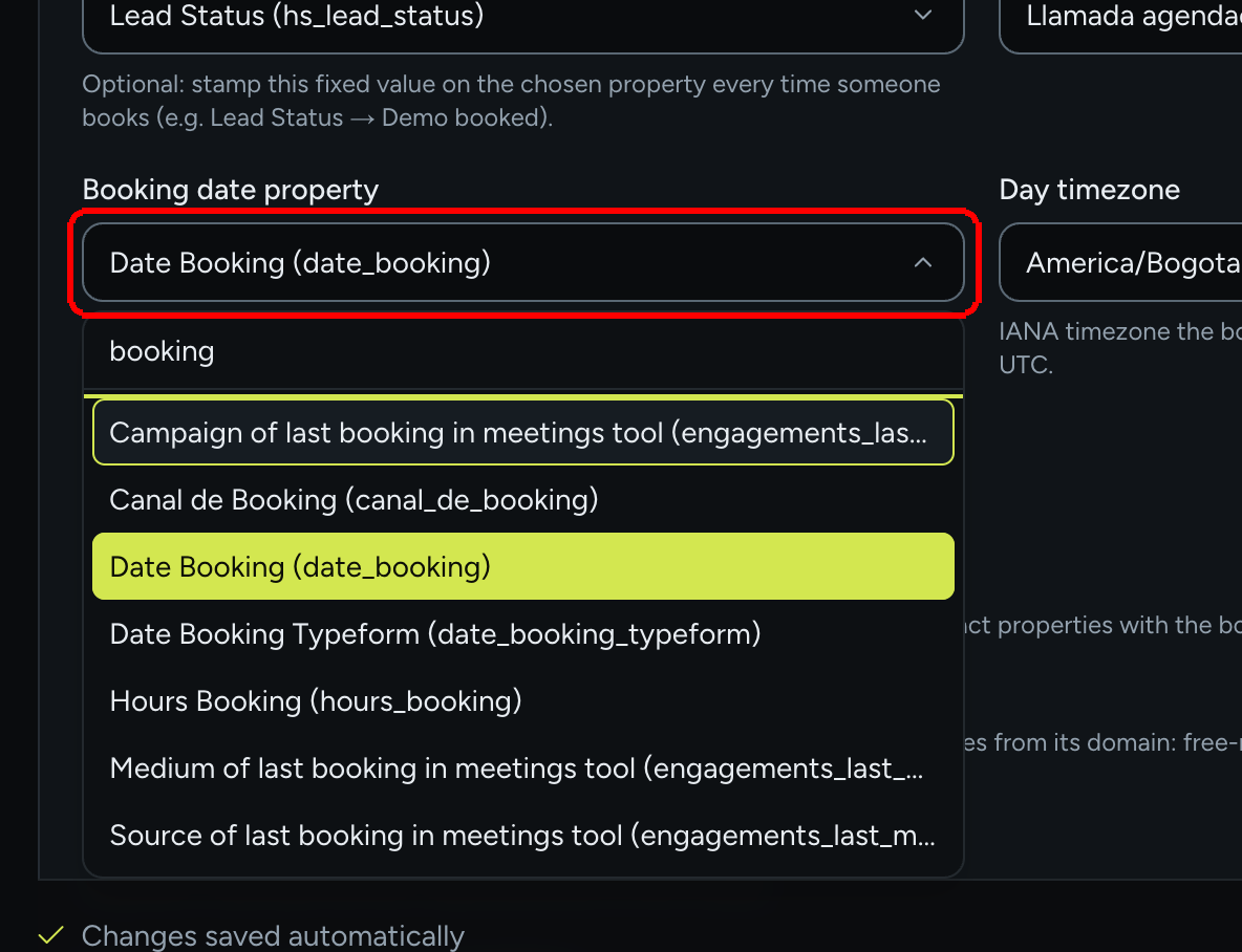 The Booking date property picker open with a search term, listing HubSpot contact properties as label and internal name