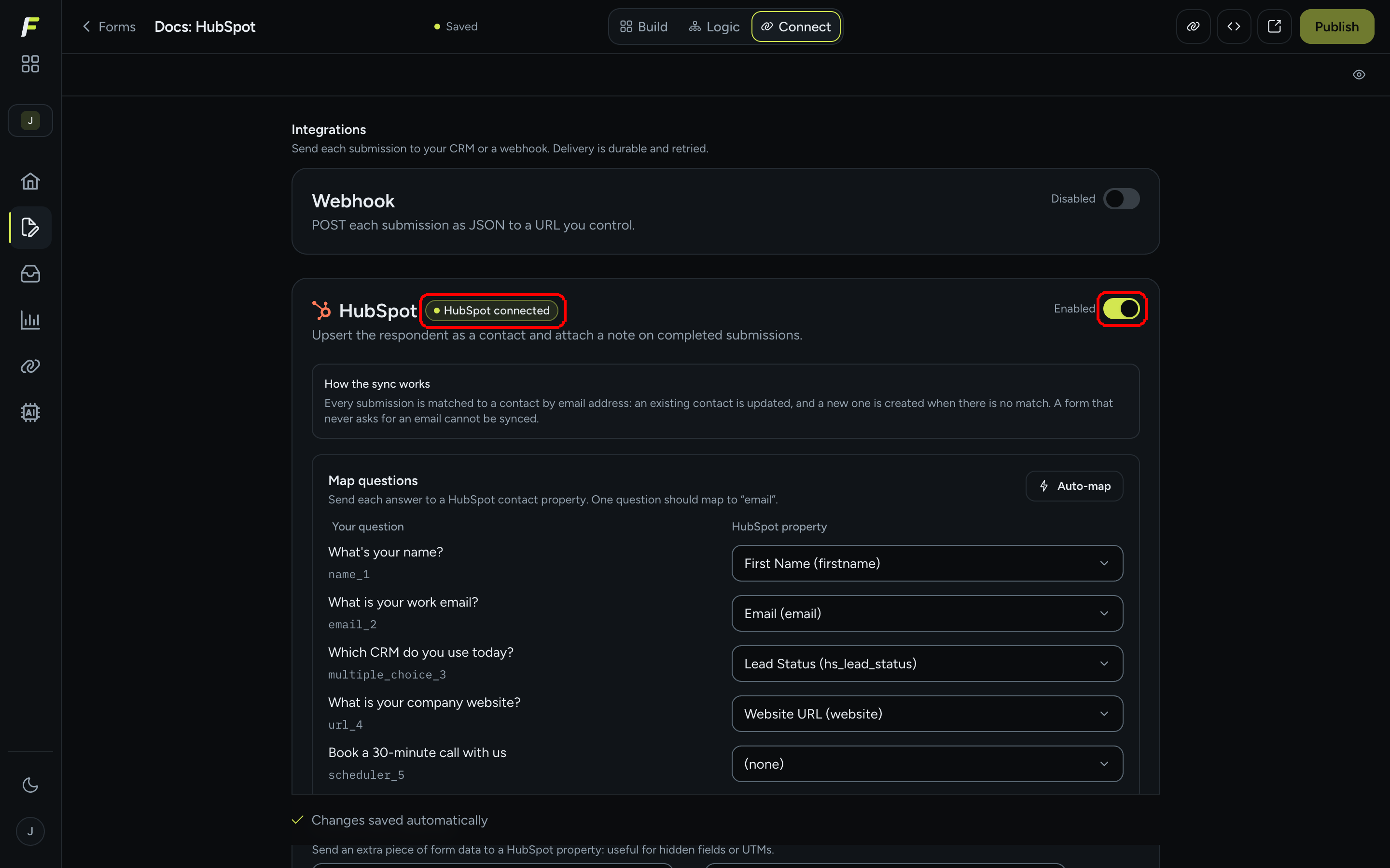 The Connect tab of a form with the HubSpot card, its HubSpot connected badge and its Enabled switch