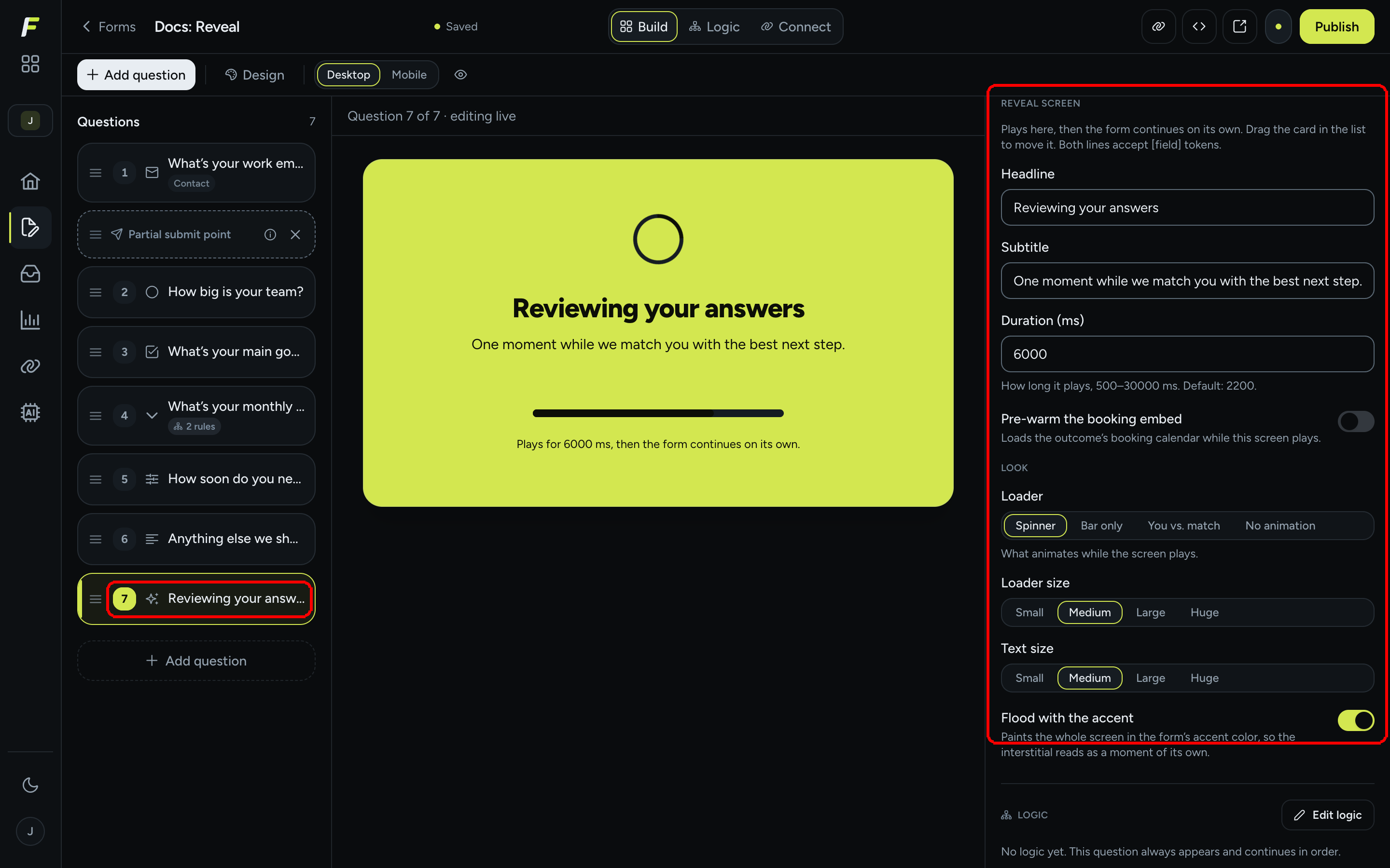 The reveal card selected in the question list, its live preview on the canvas and the Reveal screen settings pane with headline, subtitle, duration and look controls
