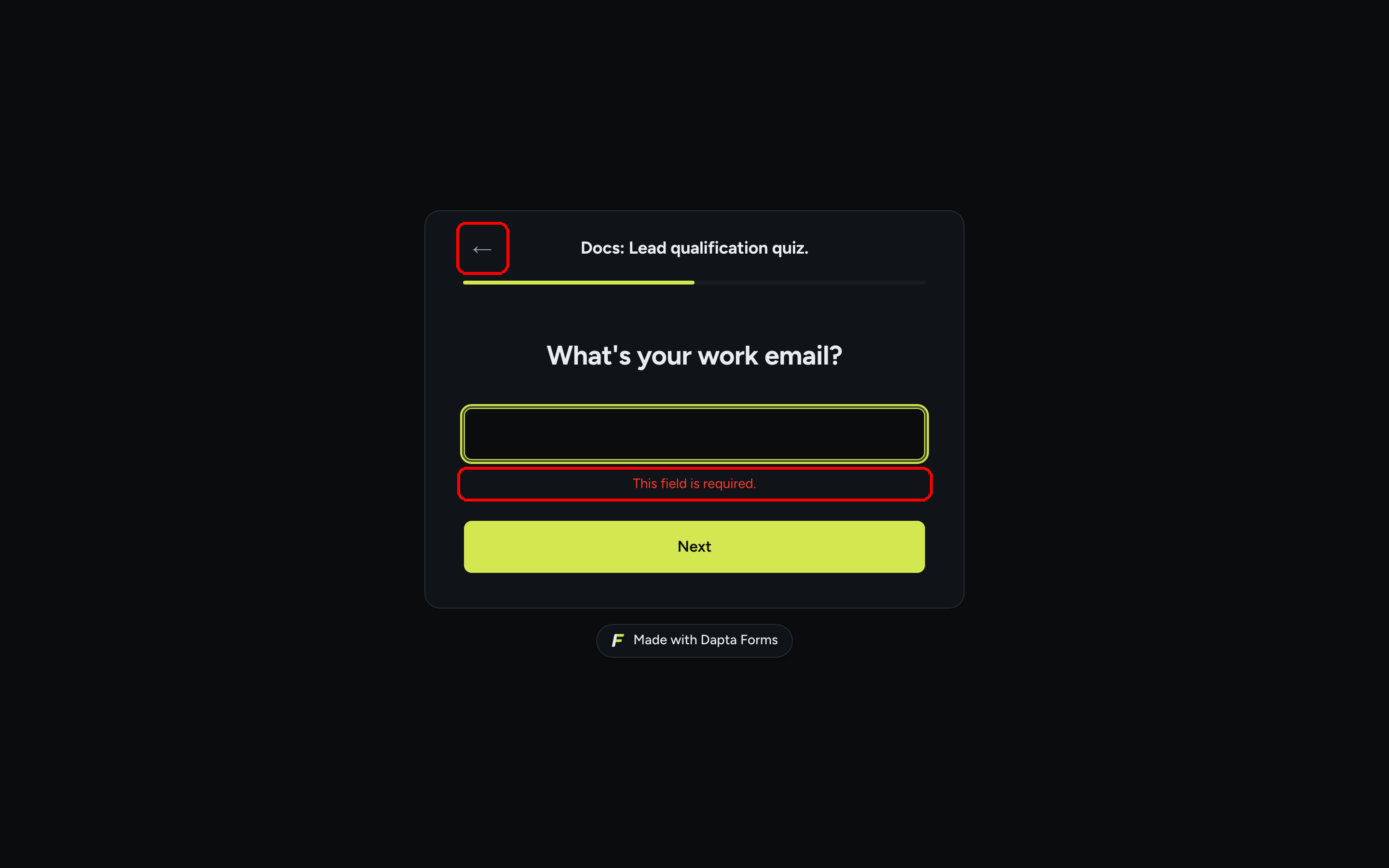 An email step with the Back arrow highlighted in the top-left corner and the error This field is required shown under the empty input