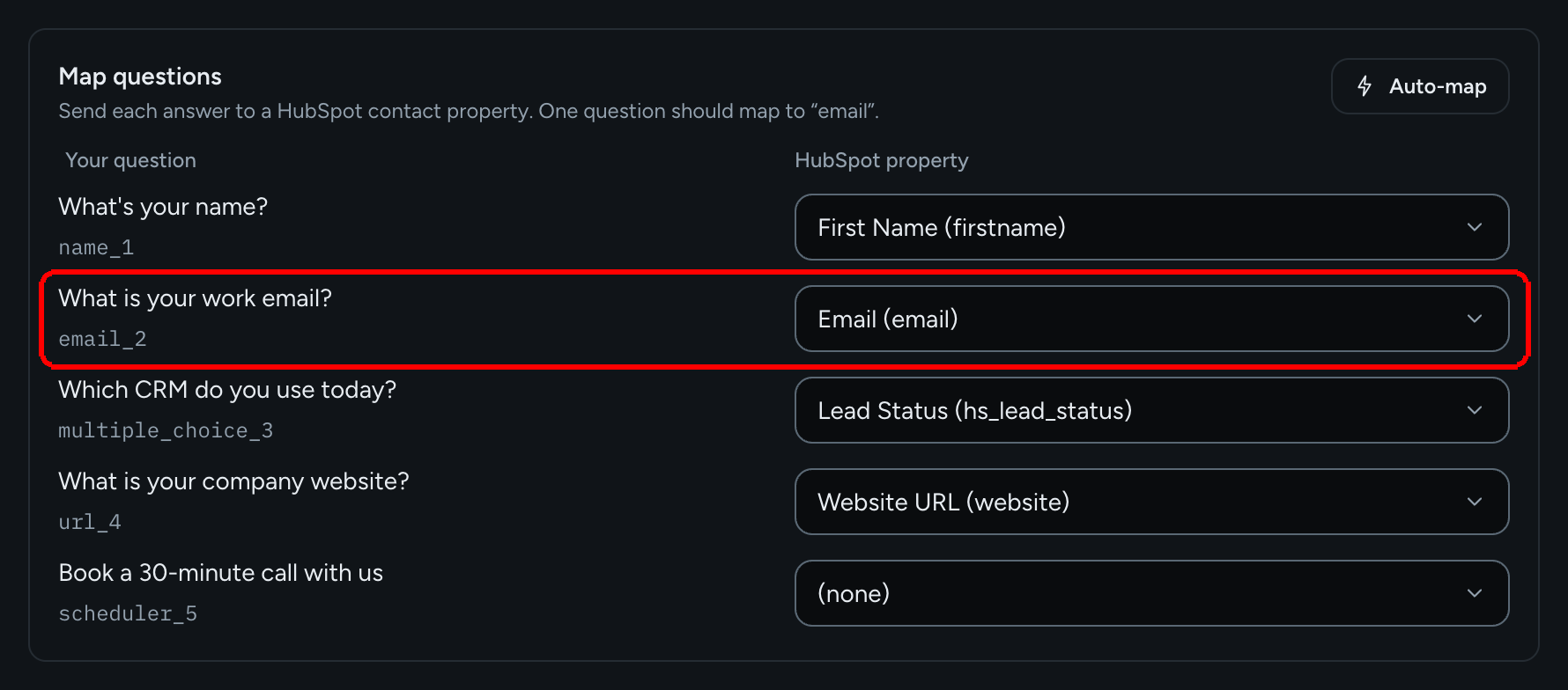 The Map questions rows with the work email question mapped to Email (email) highlighted