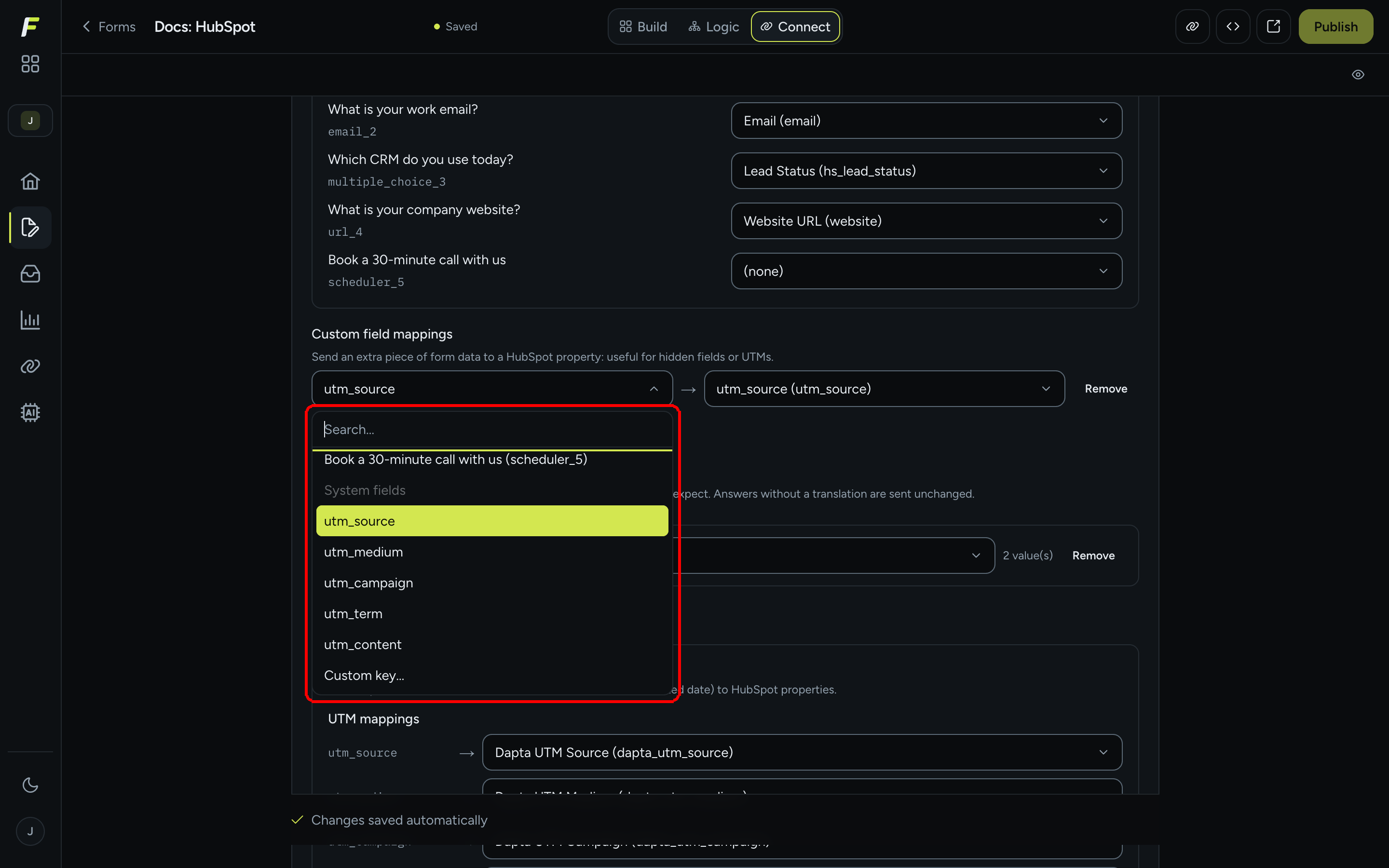 The Custom field mappings key picker open, showing the Form questions group, the System fields group with the five UTM keys, and the Custom key option