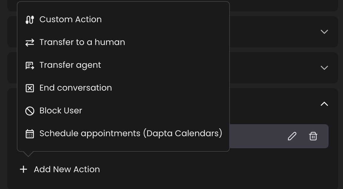 The Add New Action menu of a Text Agent, with Schedule appointments (Dapta Calendars) at the end of the list