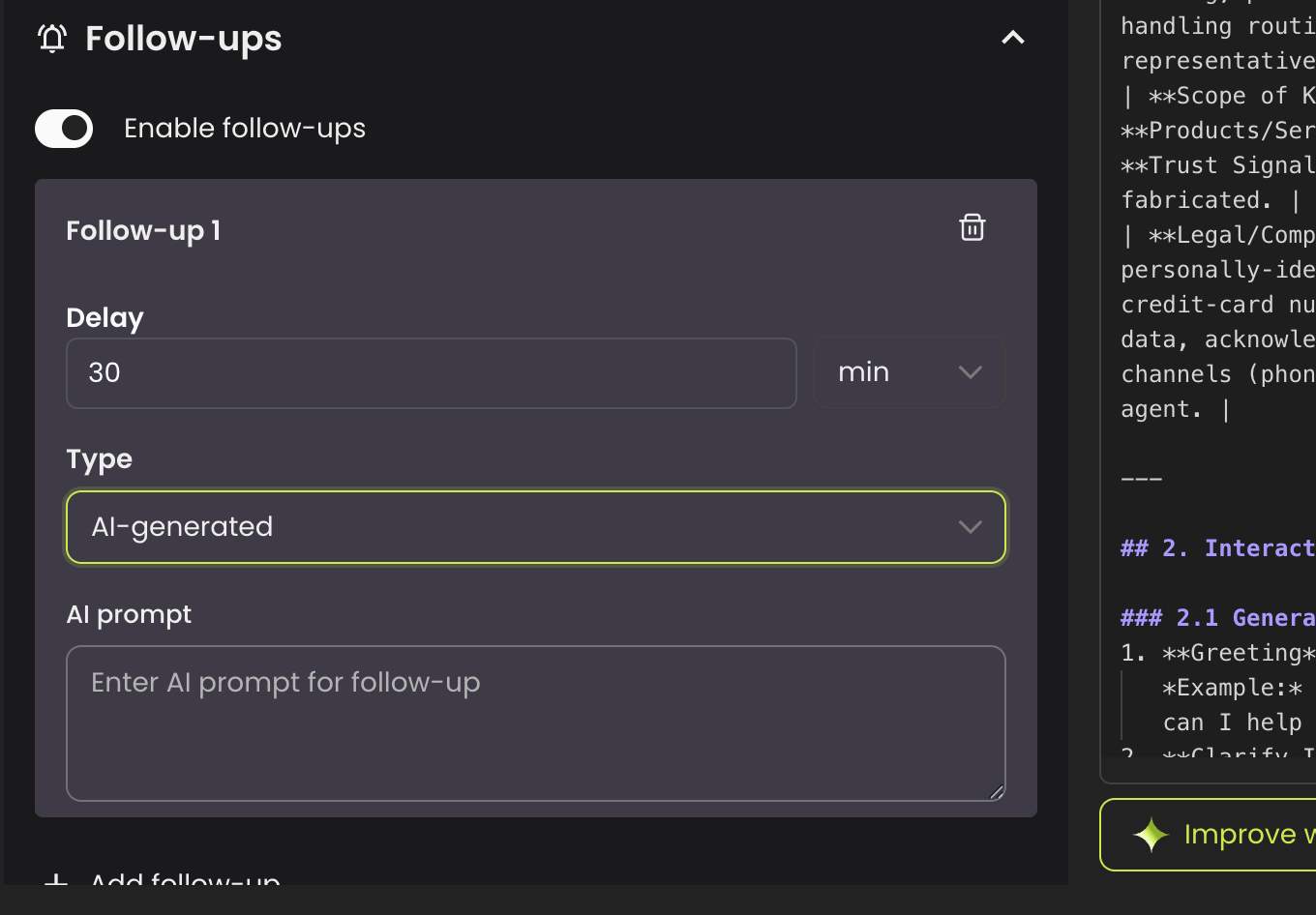Follow-up configured with AI-generated type showing the AI prompt textarea