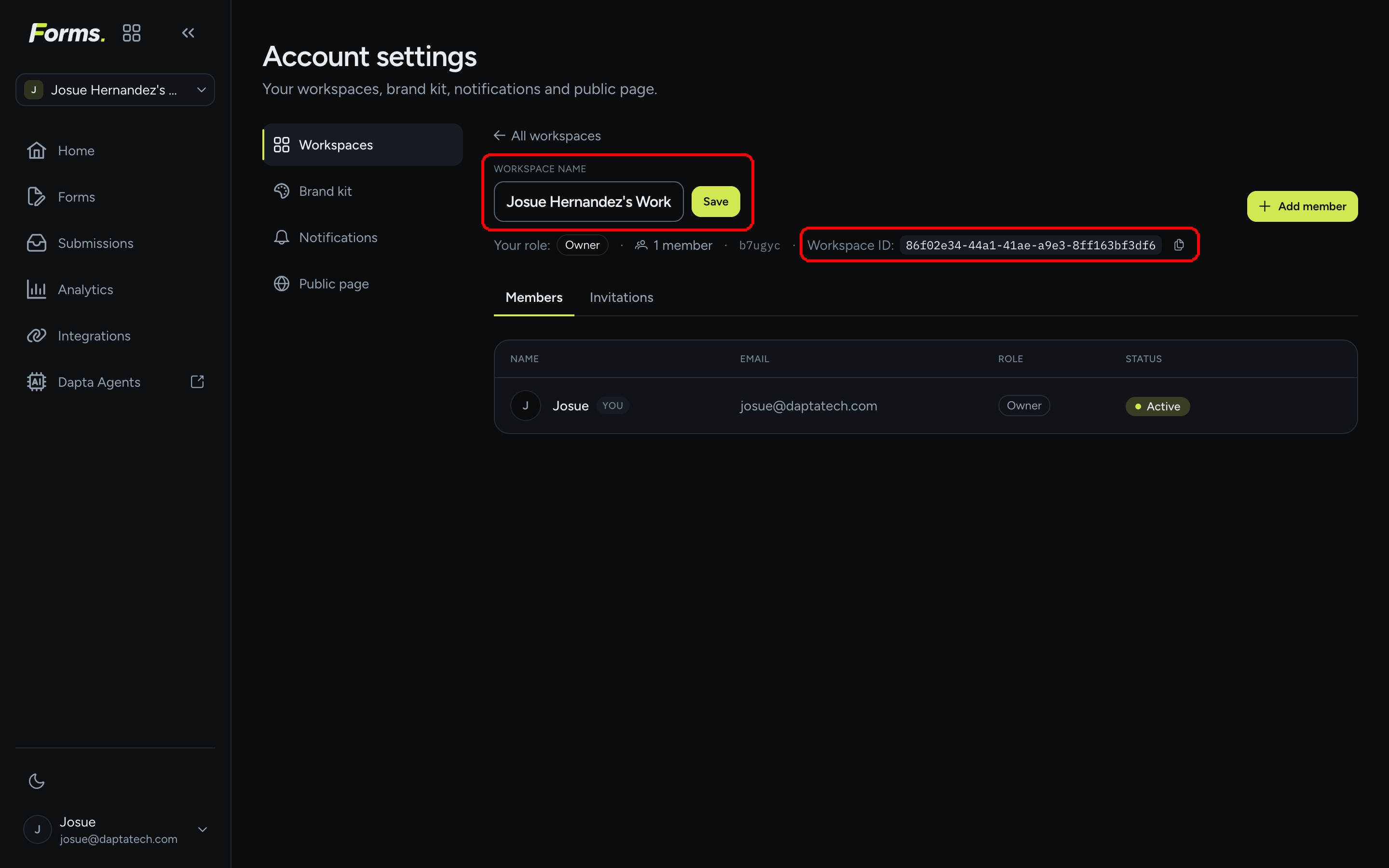 A workspace page showing the editable Workspace name field with a Save button and the meta line with Your role, member count, account code and the Workspace ID with a Copy ID button