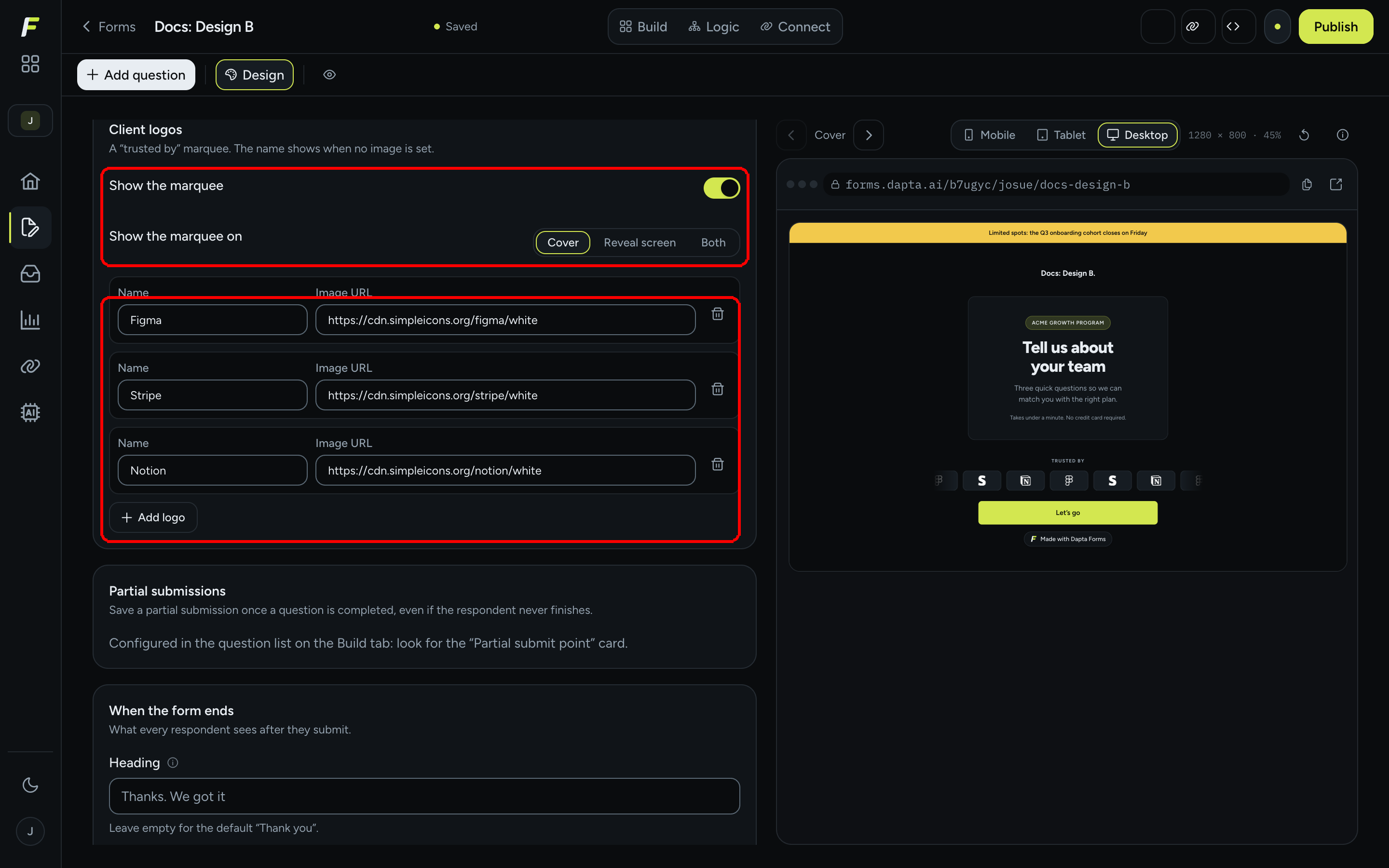 The Client logos section in the Design panel: Show the marquee switch, Show the marquee on set to Cover, three logo rows with Name and Image URL, the Add logo button, and the marquee visible in the preview