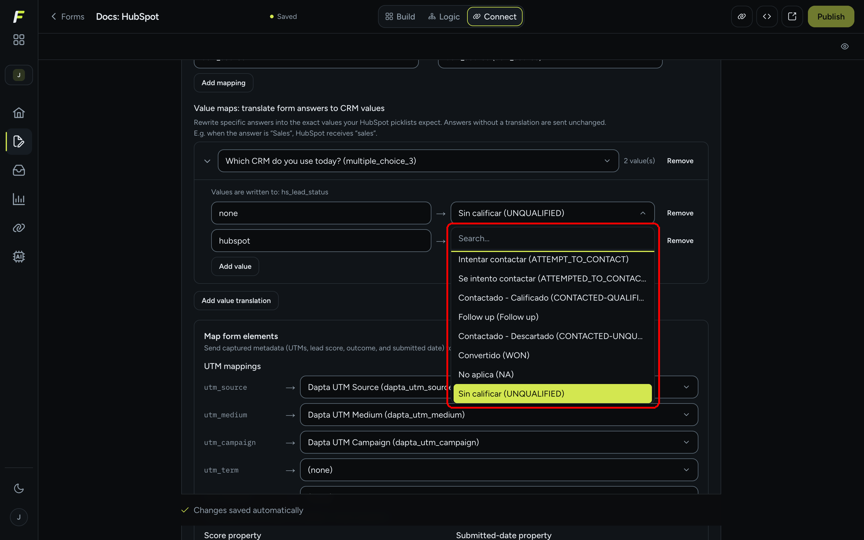 The Value in HubSpot picker open, listing the picklist entries of the mapped property as Label (internal_value)