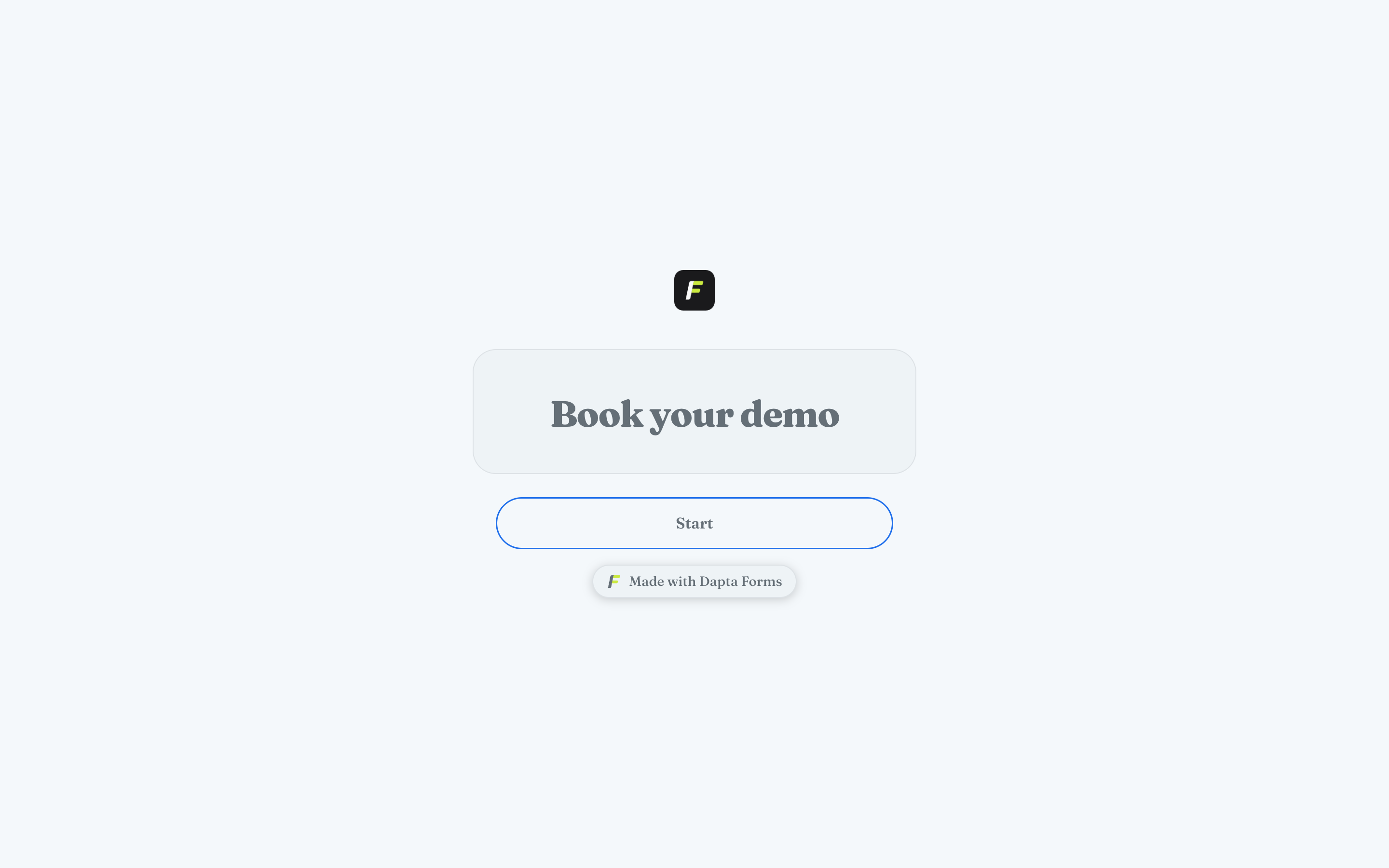 The published cover screen with the cover logo above the headline Book your demo and a Start button