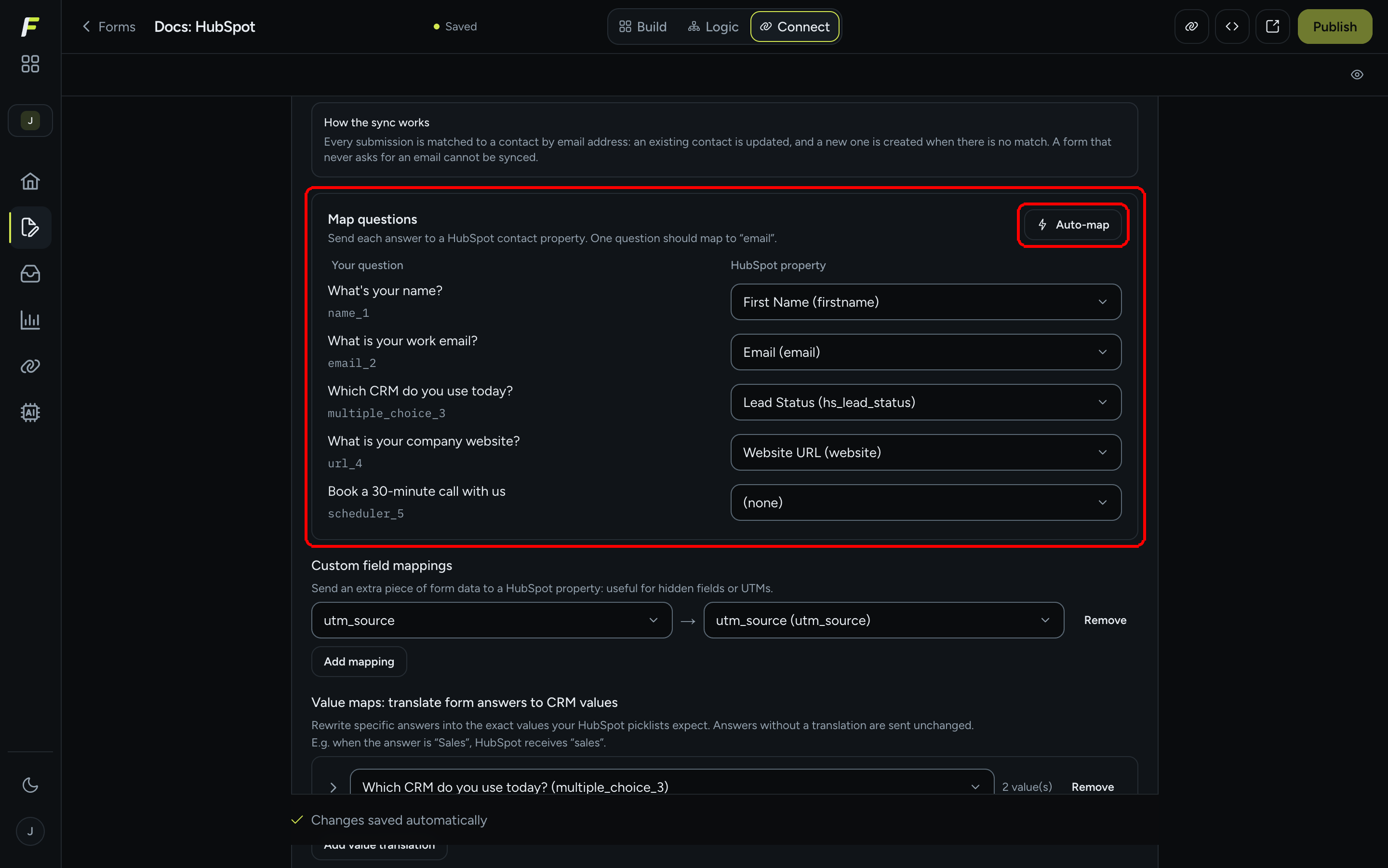 The Map questions section listing five questions with their HubSpot property pickers and the Auto-map button